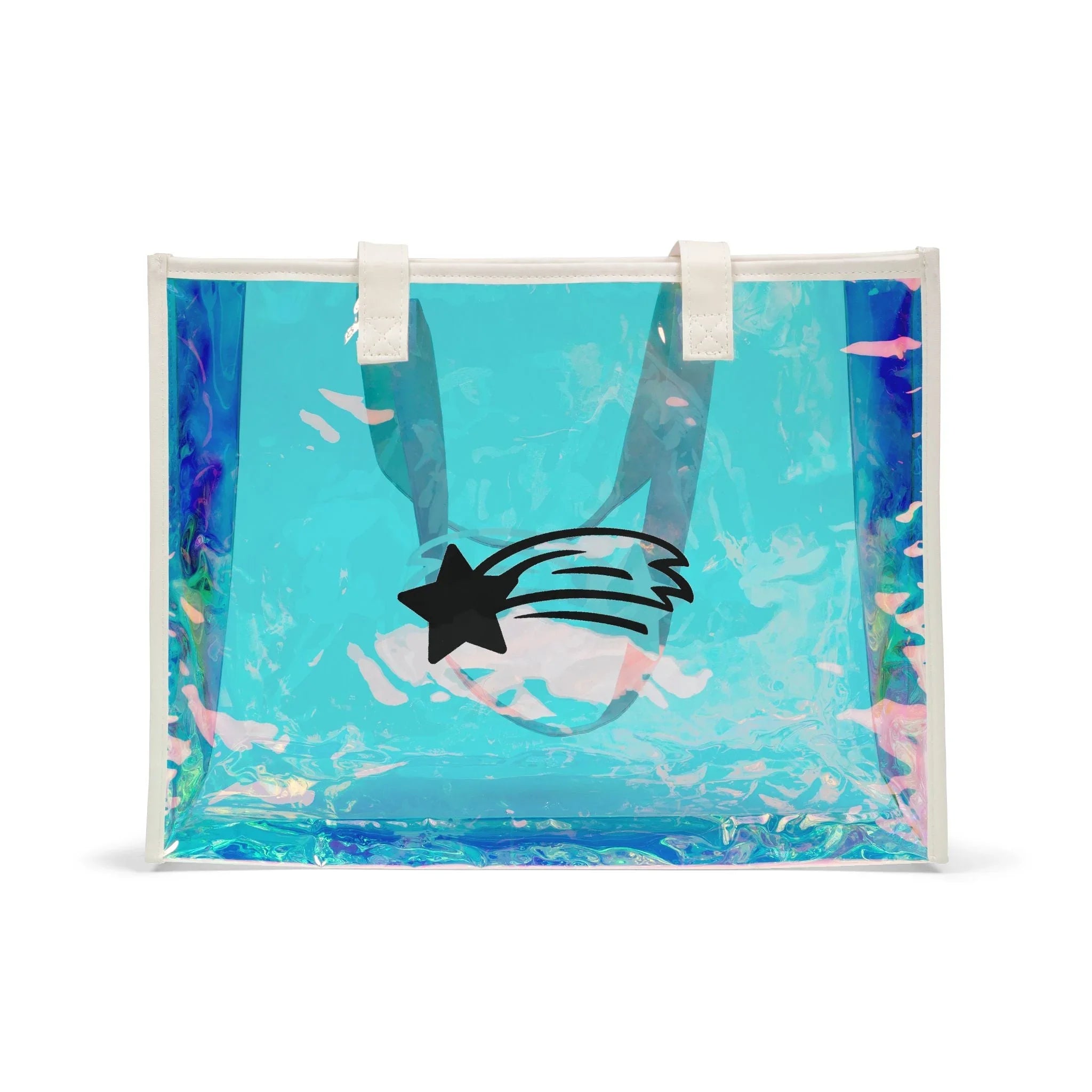 Holographic blue tote bag with black shooting star design, MountainStarGalaxy style