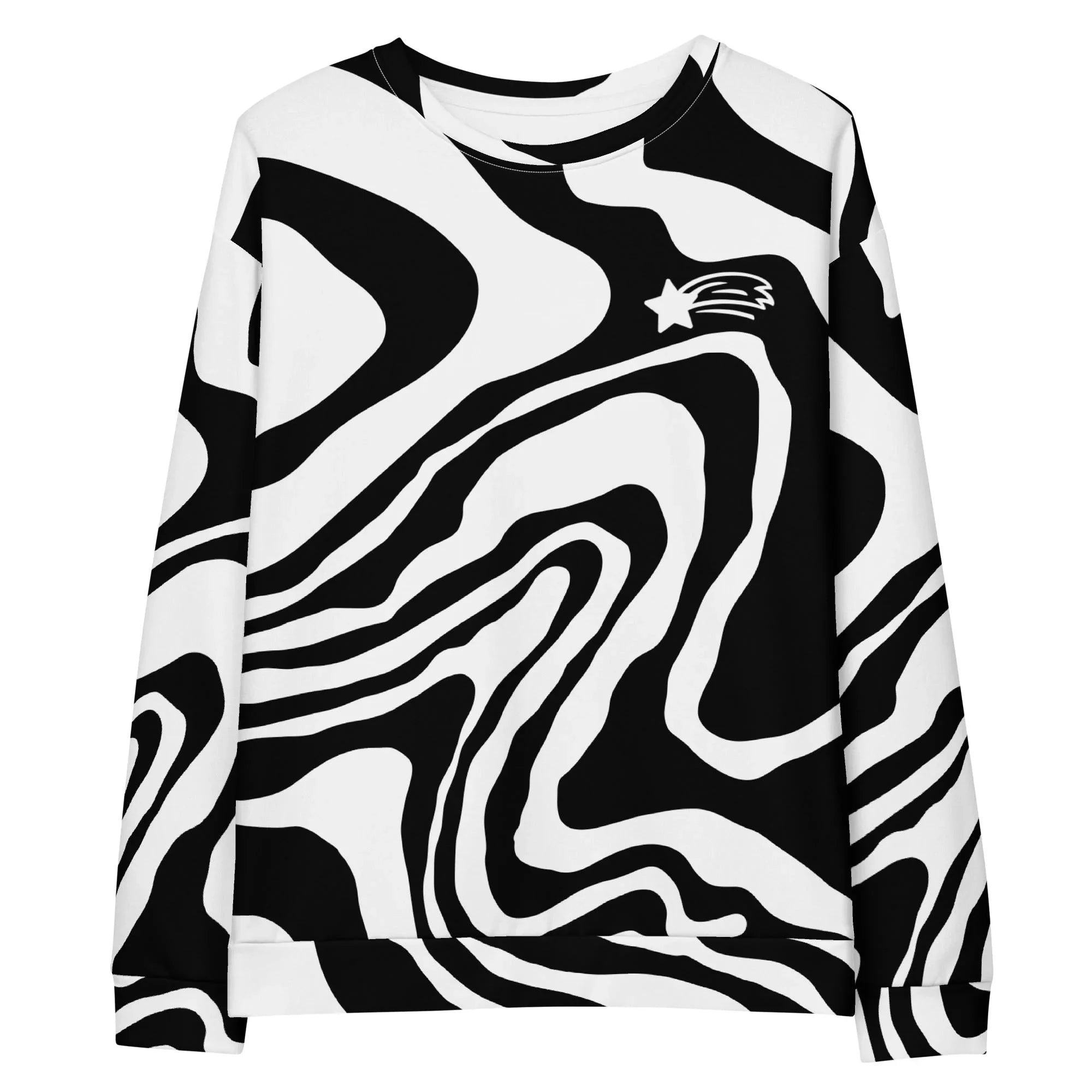 Black and white swirl pattern sweatshirt with shooting star logo, MountainStarGalaxy style