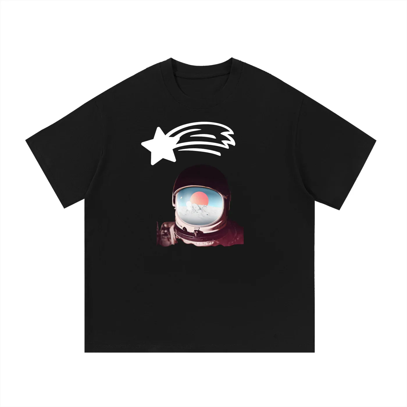 Black MountainStarGalaxy t-shirt with astronaut helmet and shooting star graphic