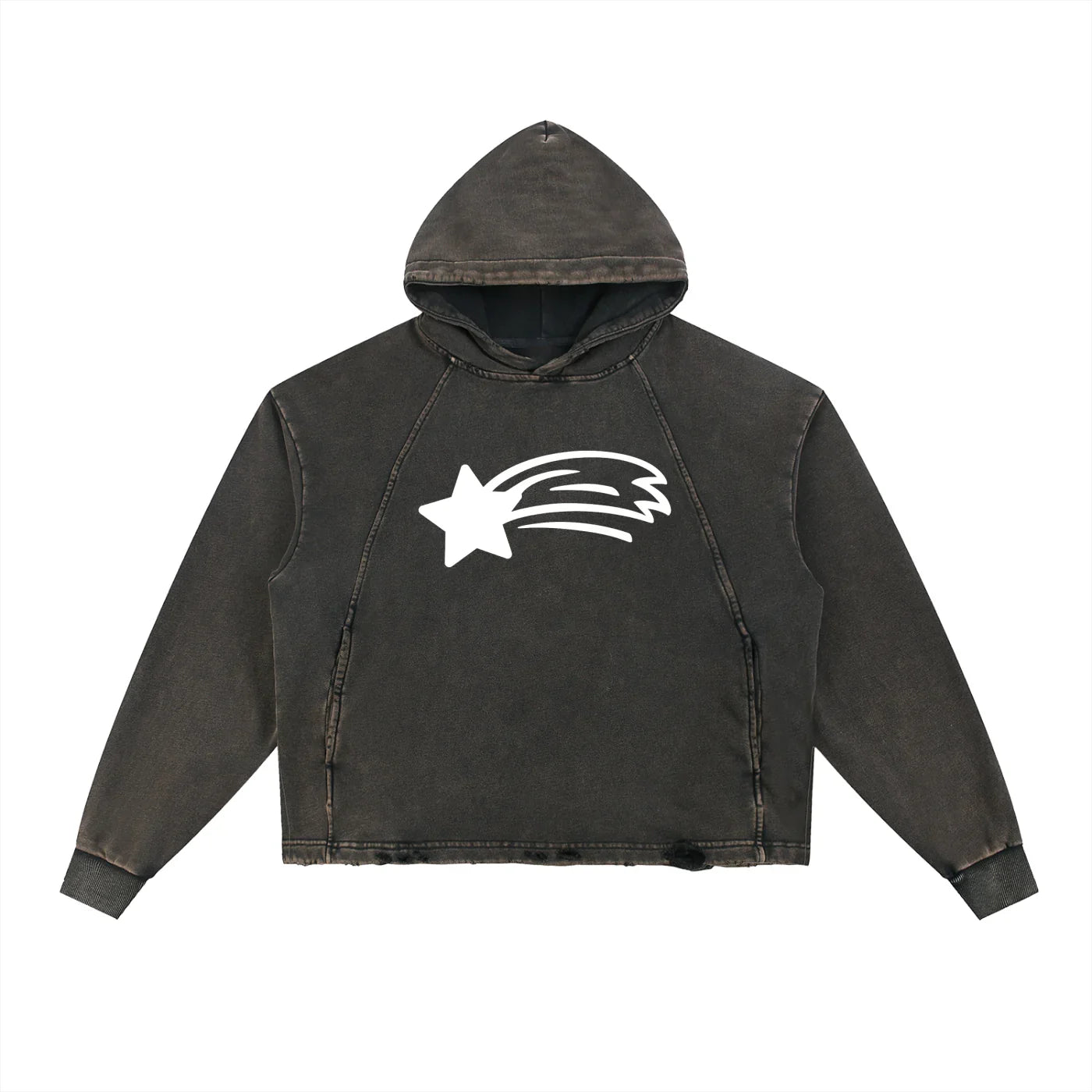 Vintage black hoodie with white shooting star graphic, MountainStarGalaxy streetwear style