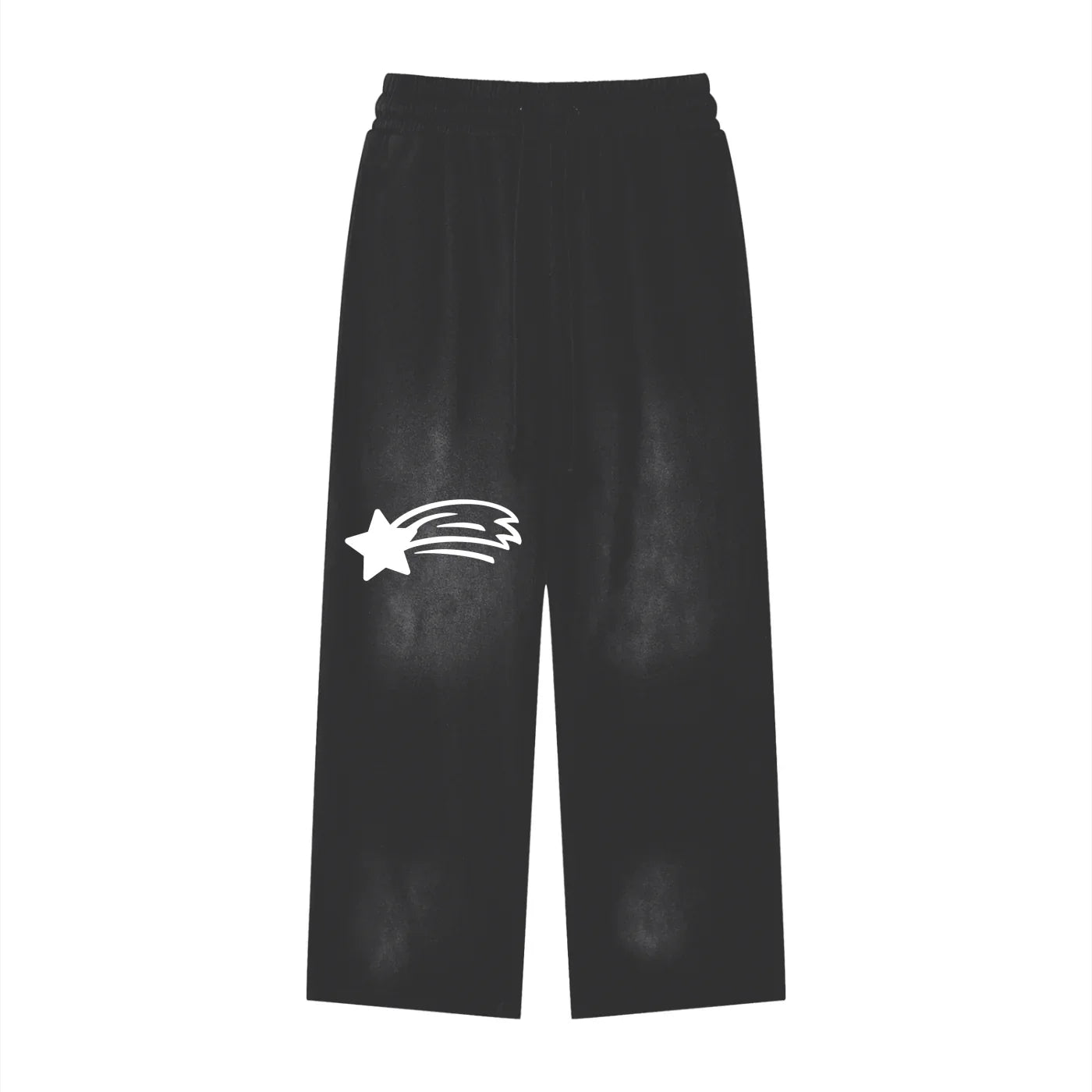 Black wide-leg lounge pants with white shooting star graphic, MountainStarGalaxy apparel