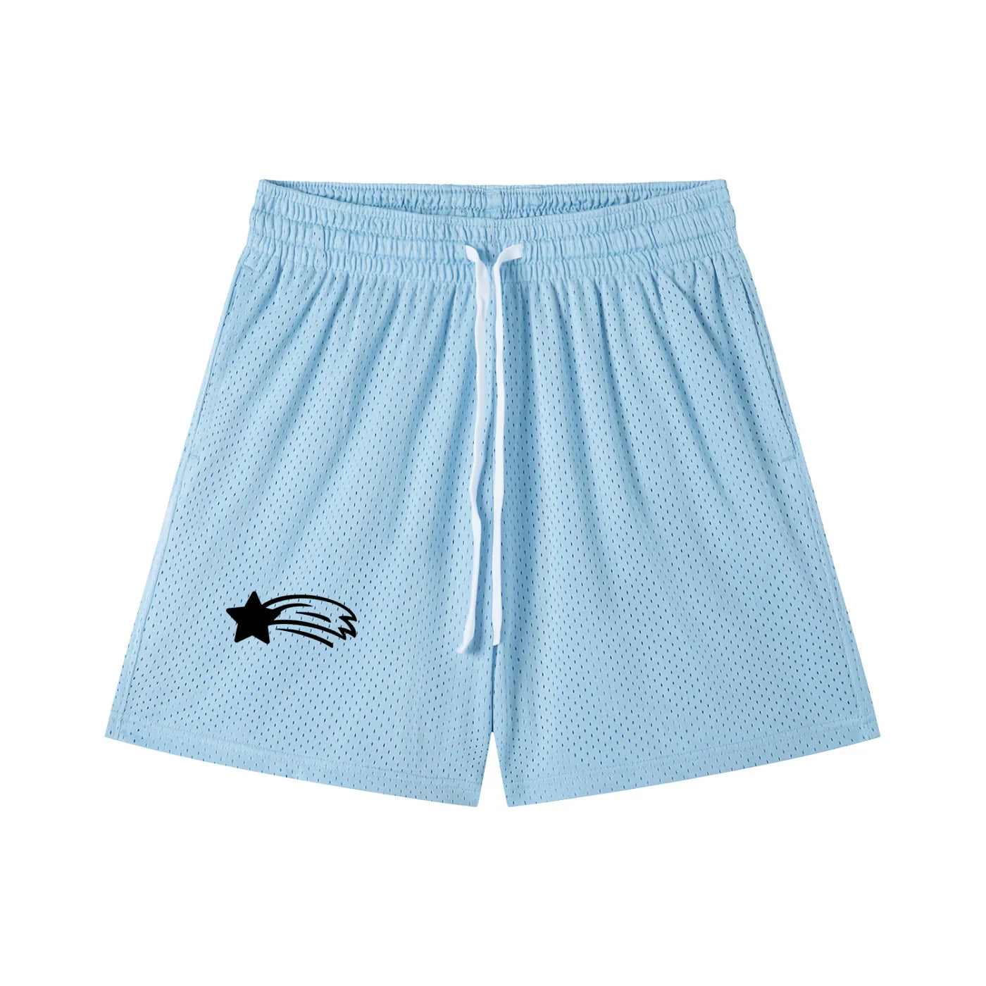 Light blue mesh shorts with black shooting star graphic and white drawstring, MountainStarGalaxy