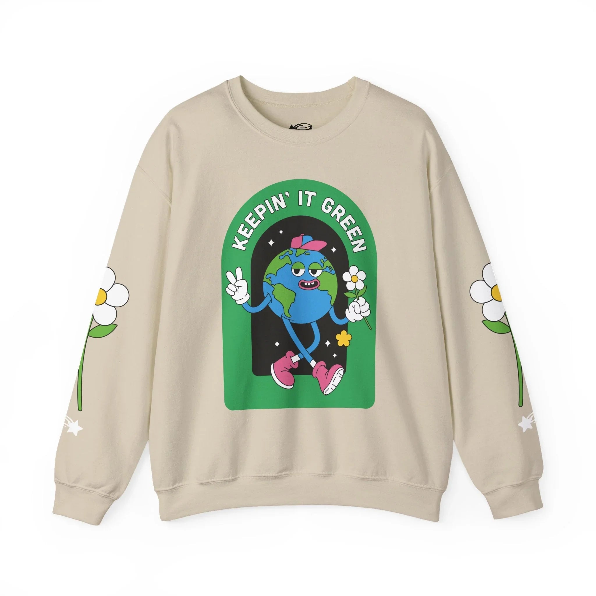 Beige MountainStarGalaxy sweatshirt with cartoon Earth, daisies, and 'Keepin' It Green' text.