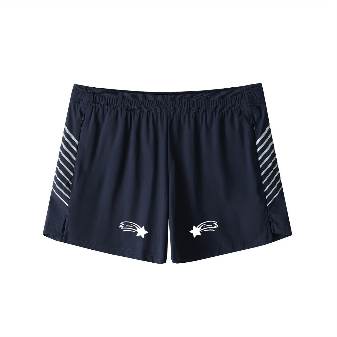 Navy running shorts with white shooting star and stripe accents, MountainStarGalaxy style