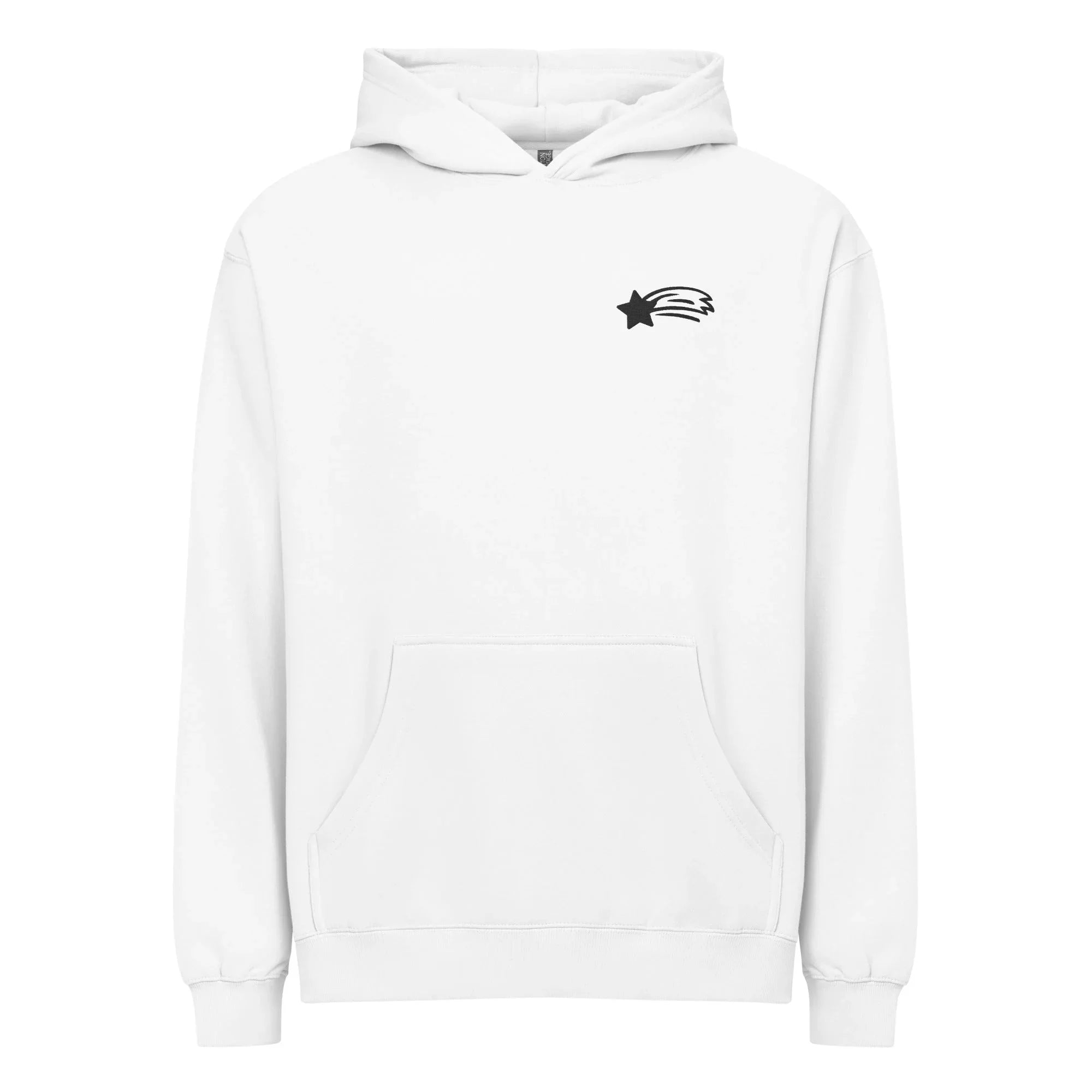 White hoodie with black shooting star logo, MountainStarGalaxy minimalist streetwear