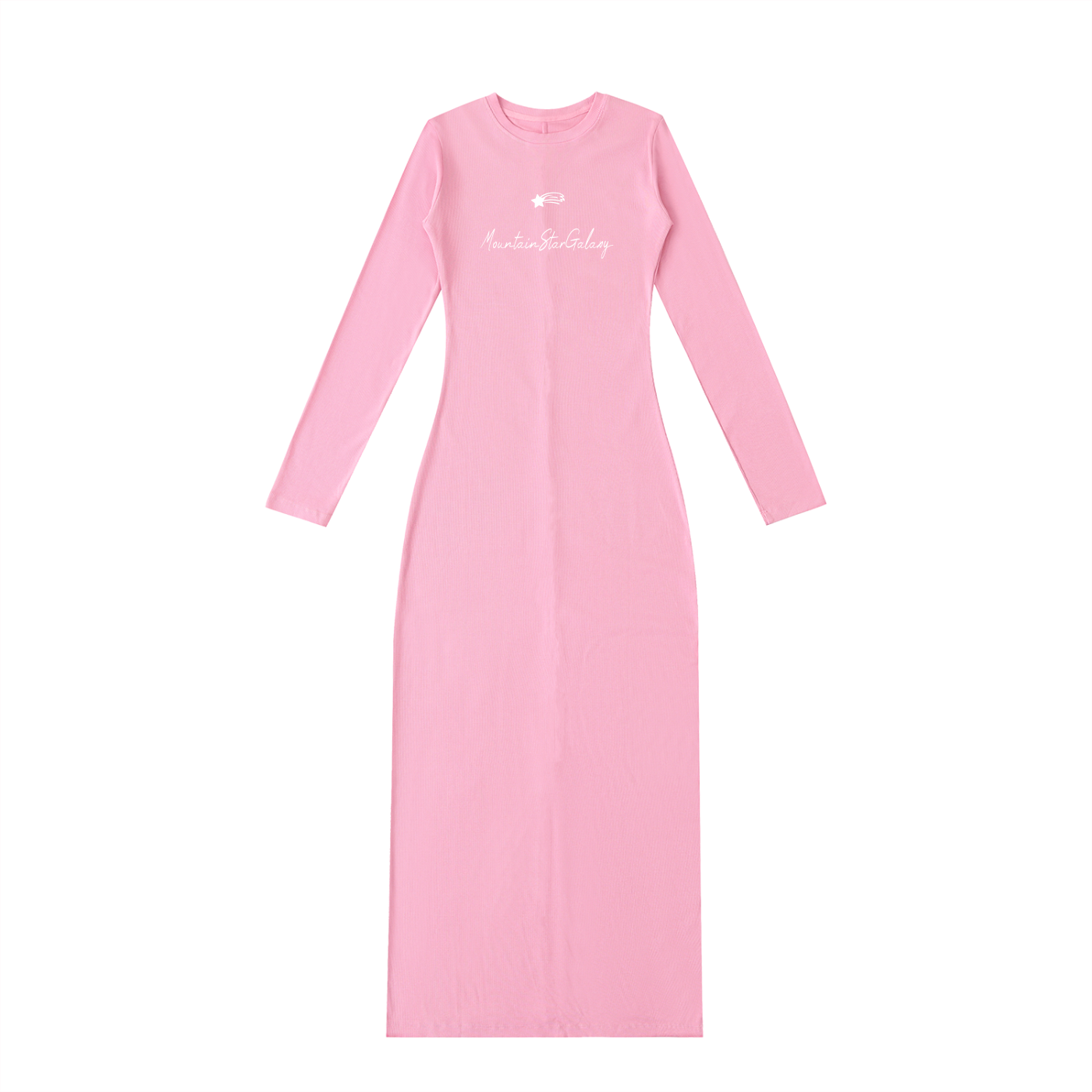 Pink long sleeve maxi dress with MountainStarGalaxy logo and shooting star print.
