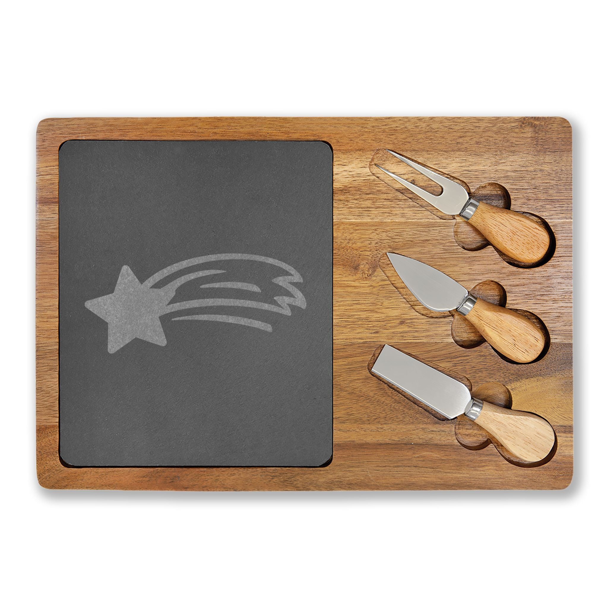 MountainStarGalaxy Engraved Acacia Charcuterie Board with Slate Insert & Cheese Knives Acacia Slate 13 3 4" x 9 3 4"