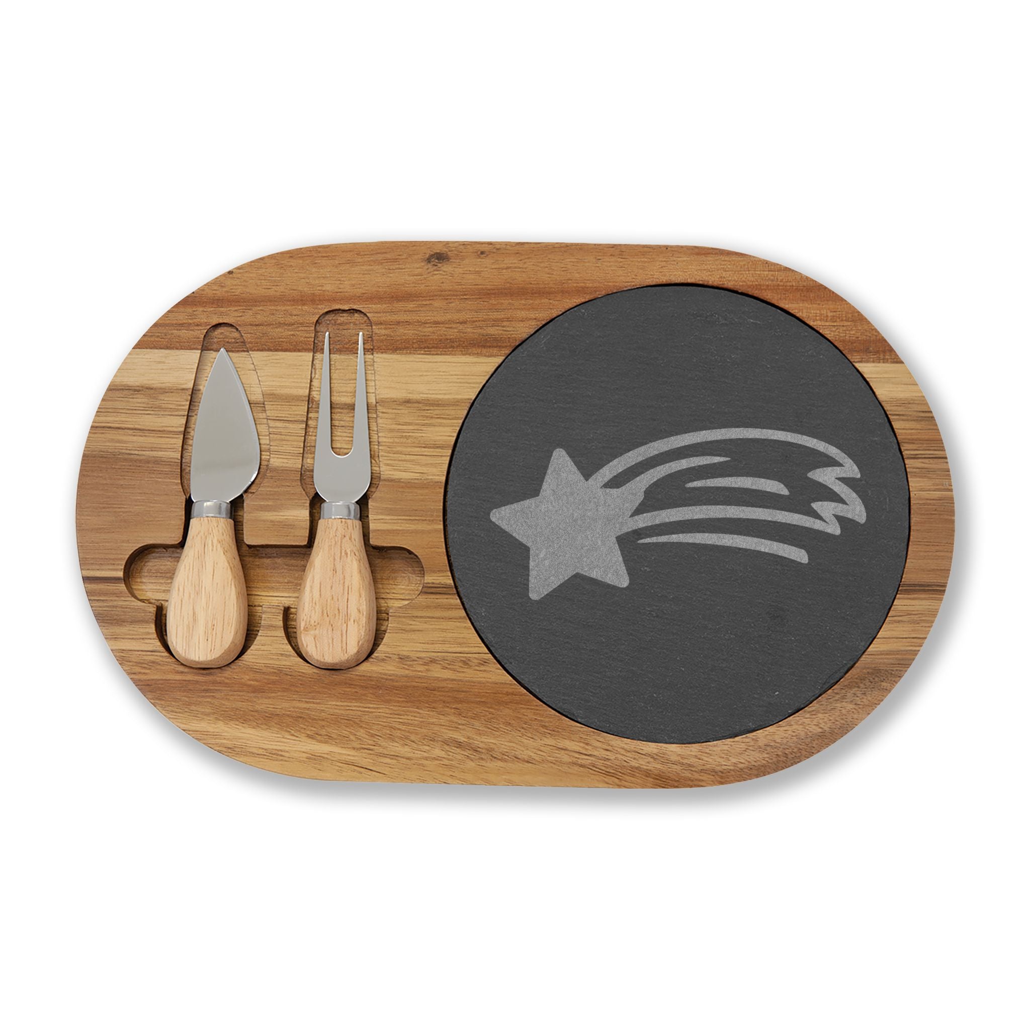 MountainStarGalaxy Engraved Acacia Charcuterie Board with Slate Insert & Cheese Knives Acacia Slate 12 1 2 " x 7 3 4"