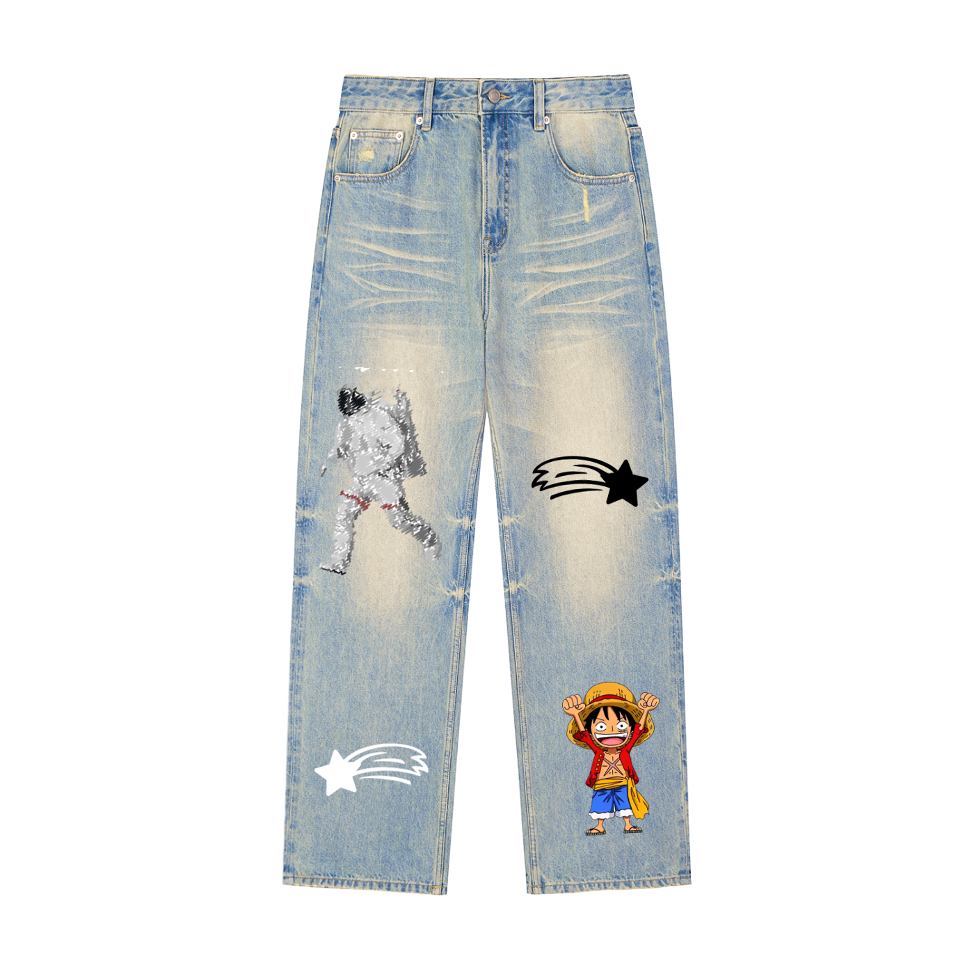 MountainStarGalaxy Unisex Sun Fade Raw Hem Denim Jeans Blue