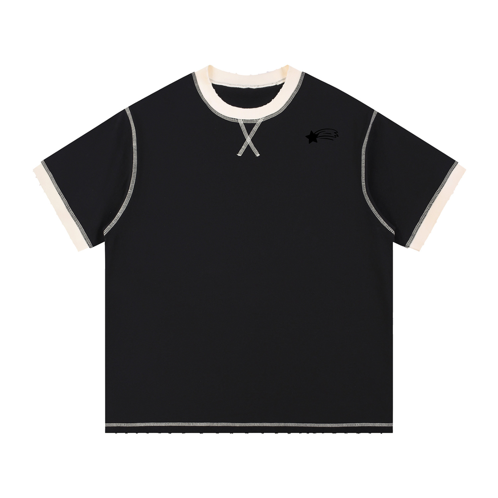 MountainStarGalaxy Unisex Contrast-Stitched Cotton Shirt Black with Apricot