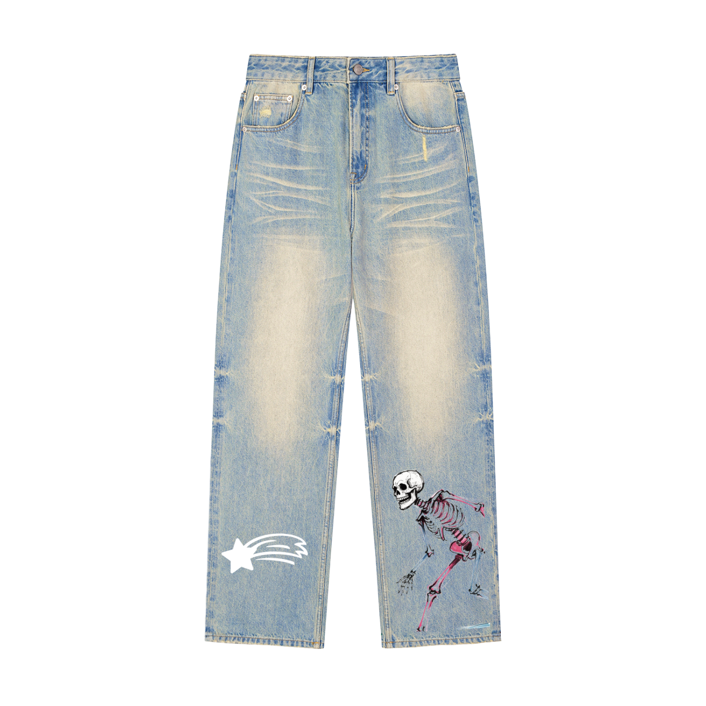 MountainStarGalaxy Unisex Sun Fade Raw Hem Denim Jeans Blue