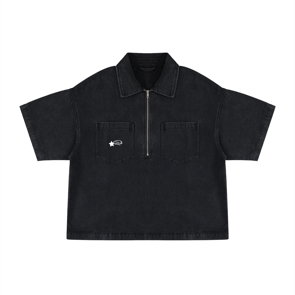 MountainStarGalaxy Unisex Vintage Wash Boxy Quarter-Zip Denim Shirt