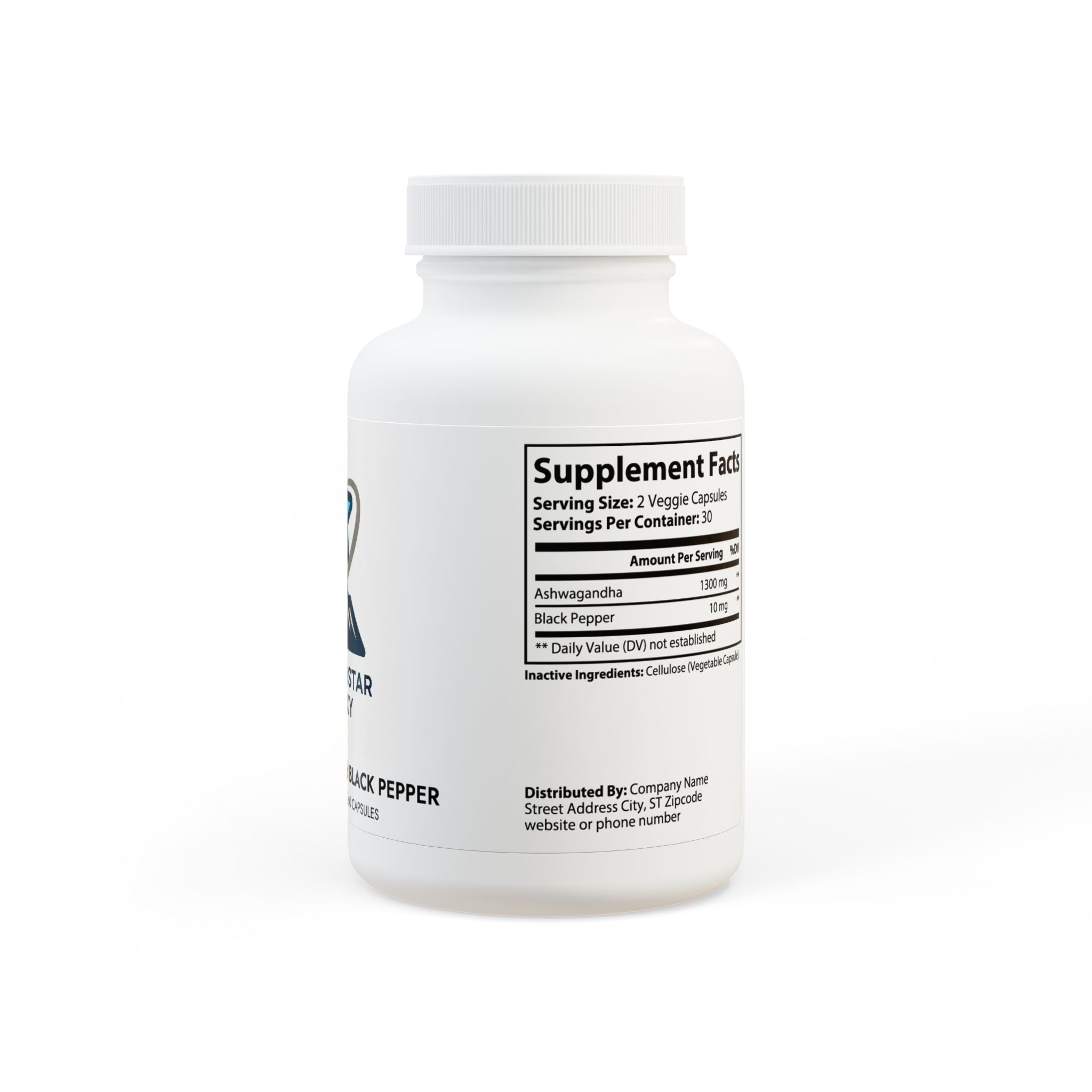 MountainStarGalaxy Ashwagandha and Black Pepper Supplement (60 Capsules) White bottle + cap Unflavored 60 Vegetable capsules