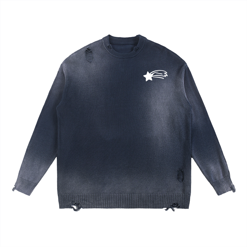 MountainStarGalaxy Unisex Sun Fade Distressed Ripped Crewneck Sweater Navy Blue