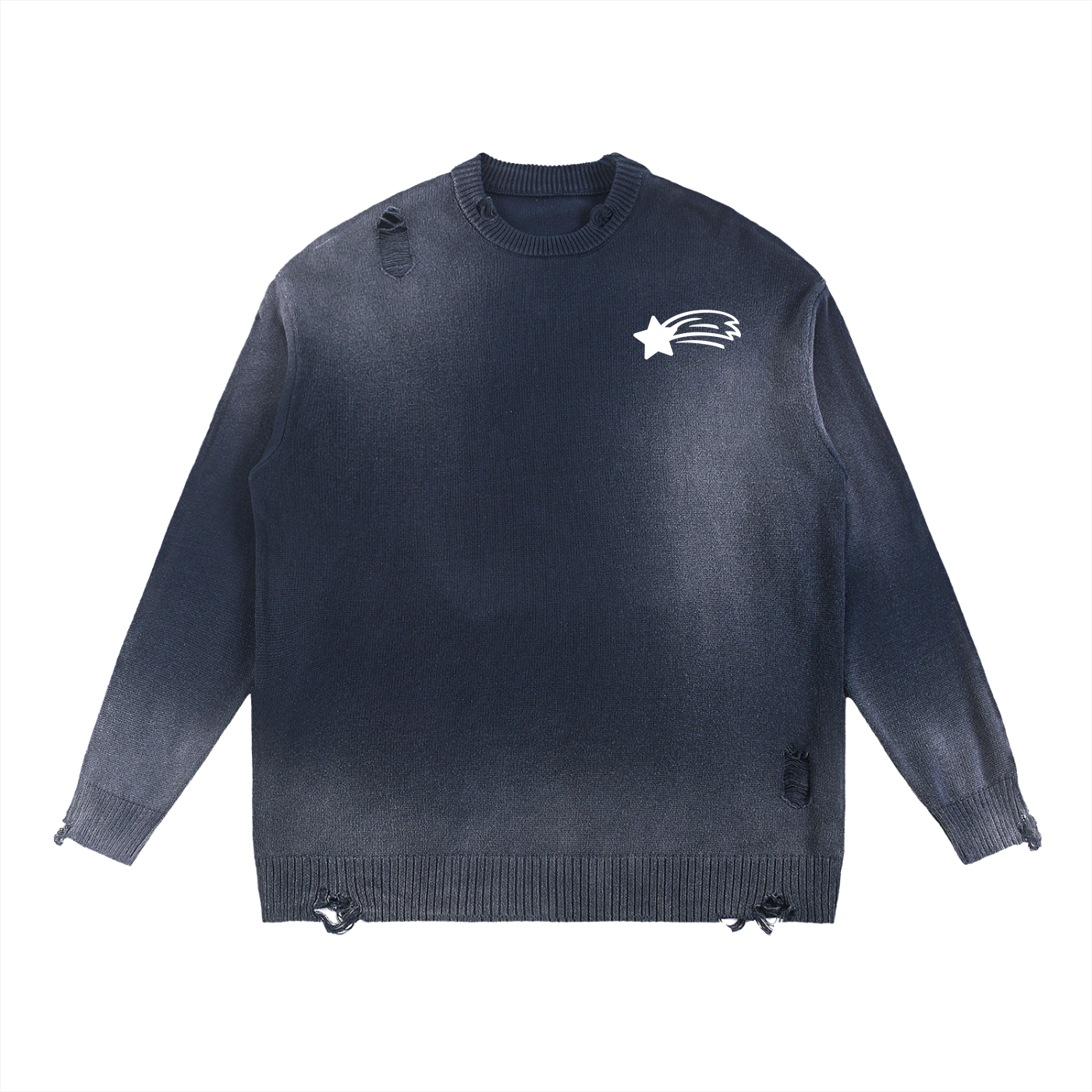 MountainStarGalaxy Unisex Sun Fade Distressed Ripped Crewneck Sweater Navy Blue