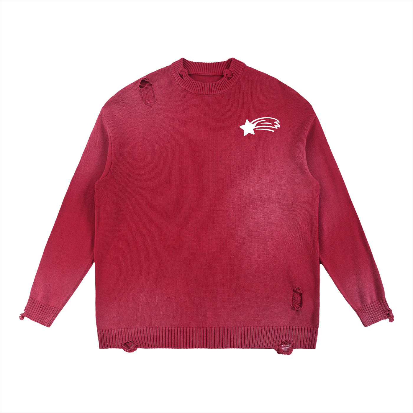 MountainStarGalaxy Unisex Sun Fade Distressed Ripped Crewneck Sweater Red
