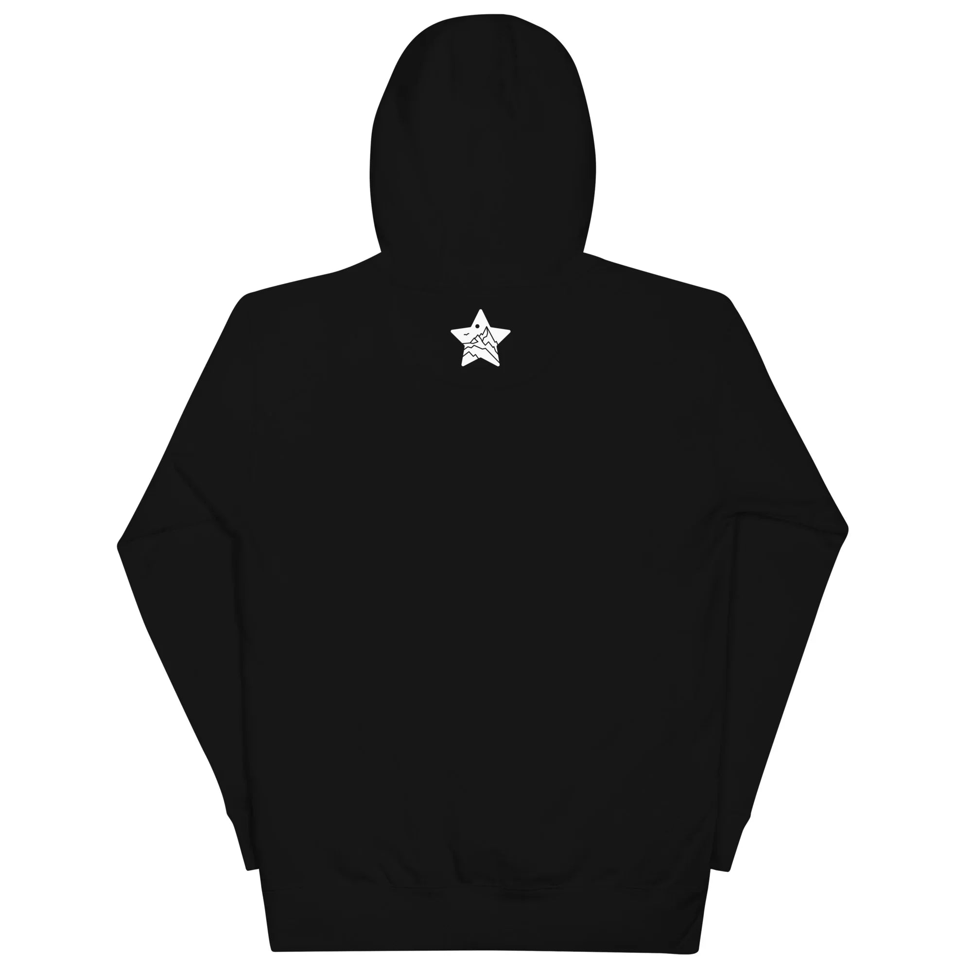Black unisex hoodie with white MountainStarGalaxy star logo on the upper back