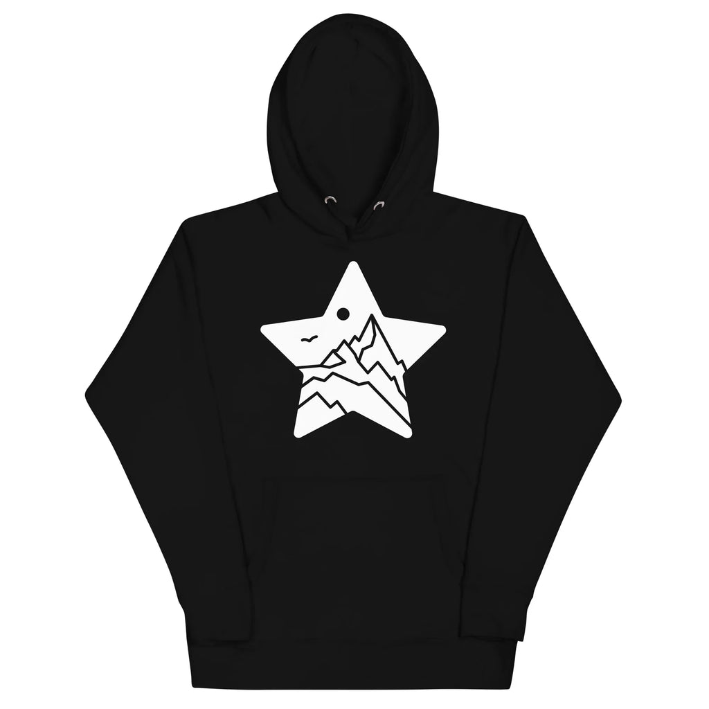 Black unisex hoodie featuring a white star with mountain design, MountainStarGalaxy style
