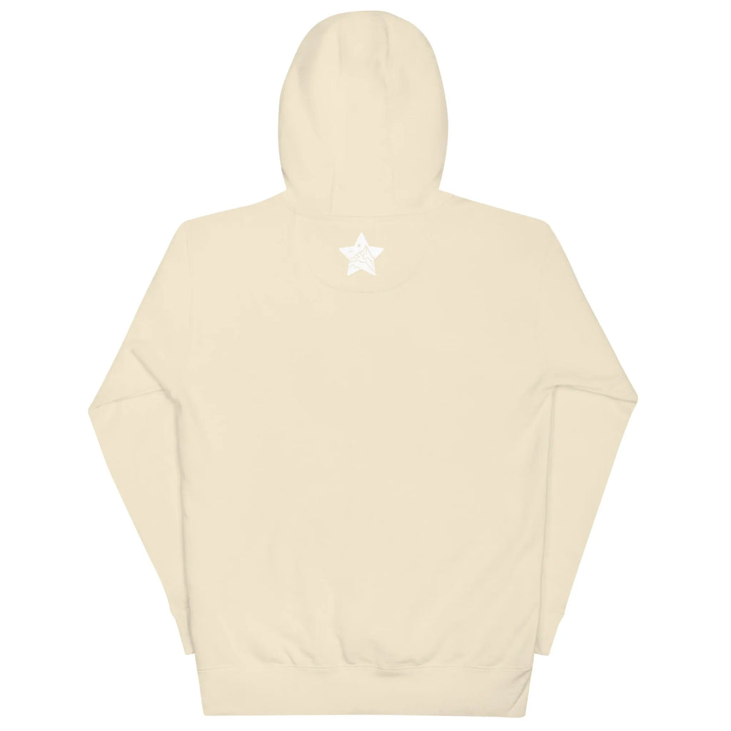 Bone-colored unisex pullover hoodie with MountainStarGalaxy star logo on the upper back