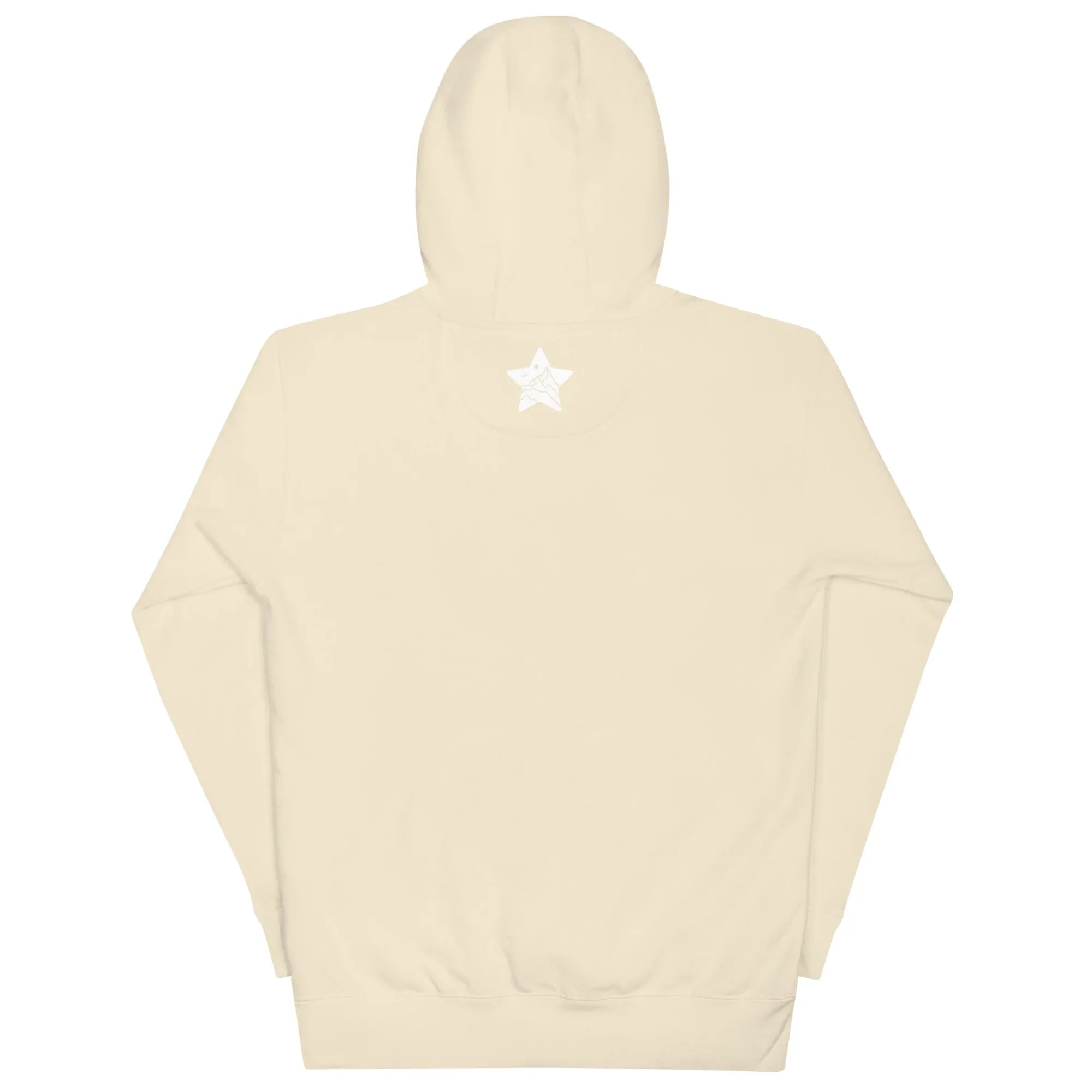 Bone-colored unisex pullover hoodie with MountainStarGalaxy star logo on the upper back