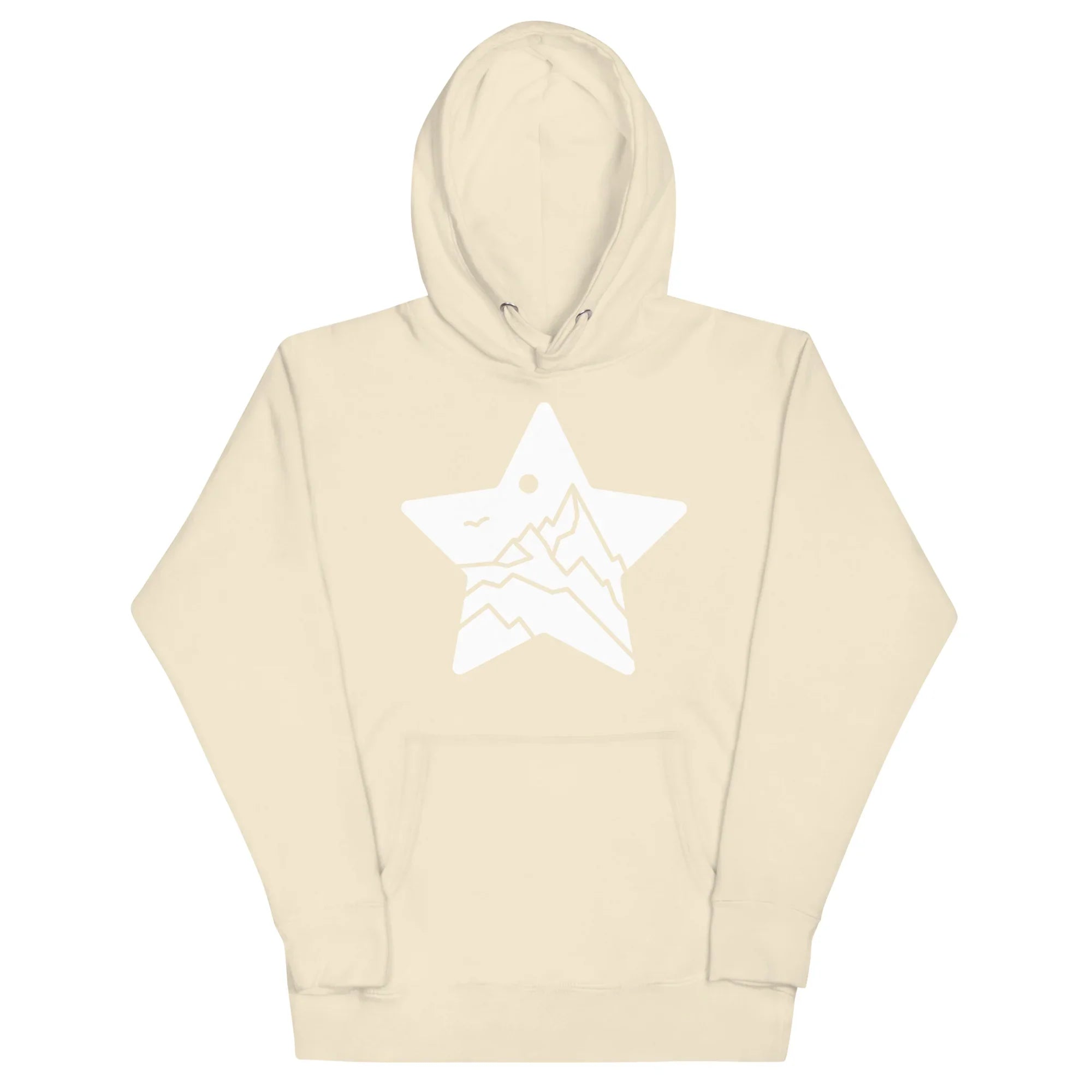 Bone-colored unisex pullover hoodie with white star mountain graphic, MountainStarGalaxy style