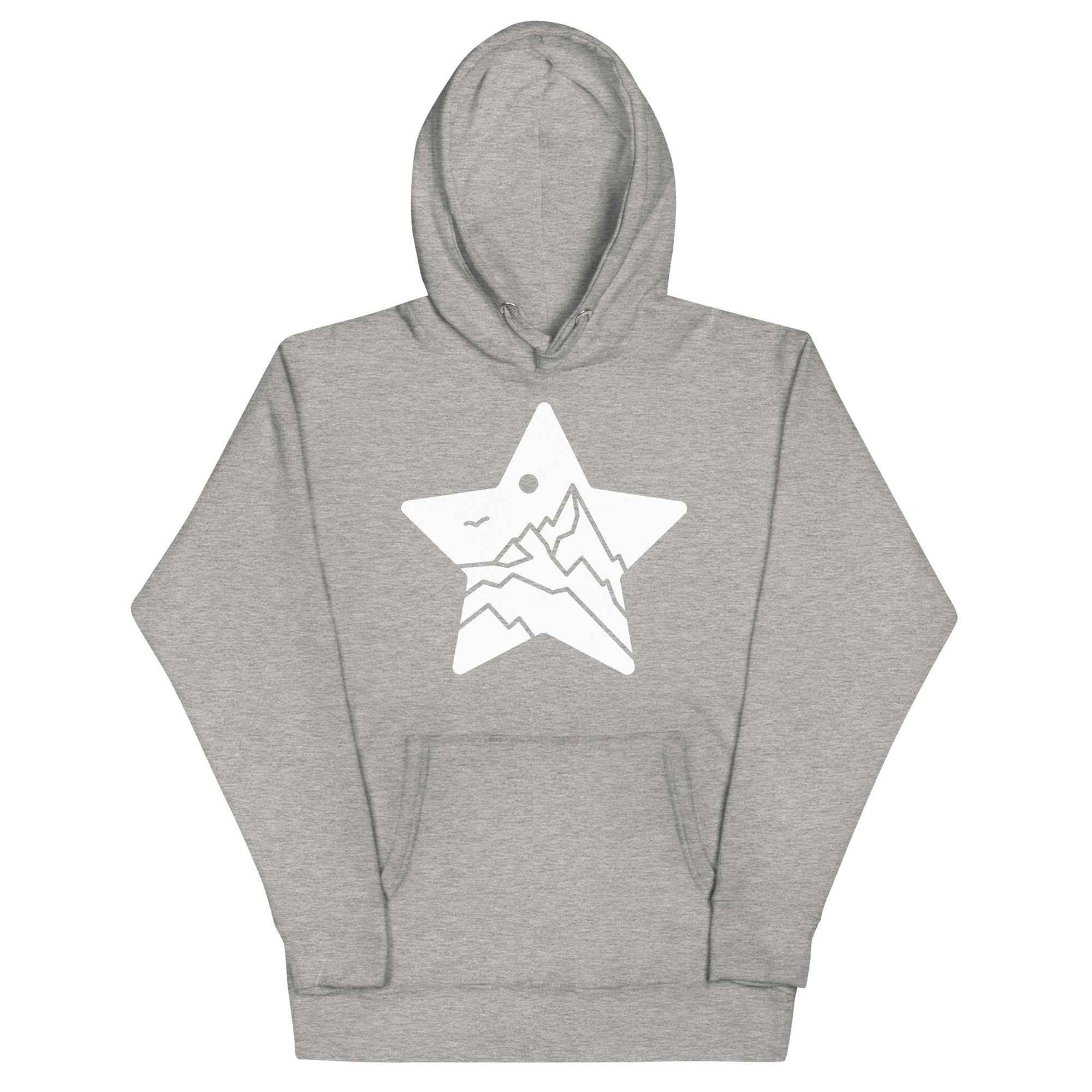 Carbon grey unisex pullover hoodie with white star, mountain, and sun design, MountainStarGalaxy