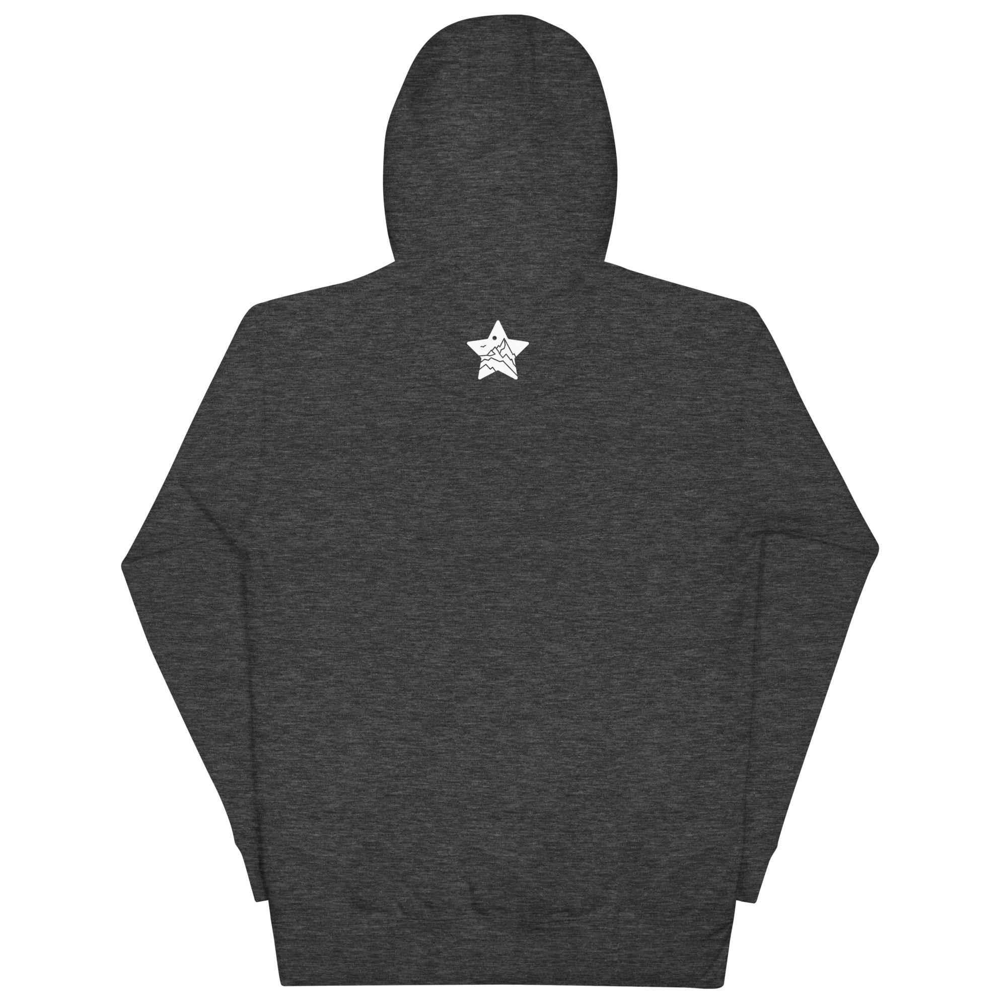 Charcoal heather unisex hoodie, MountainStarGalaxy star logo on back, laid flat
