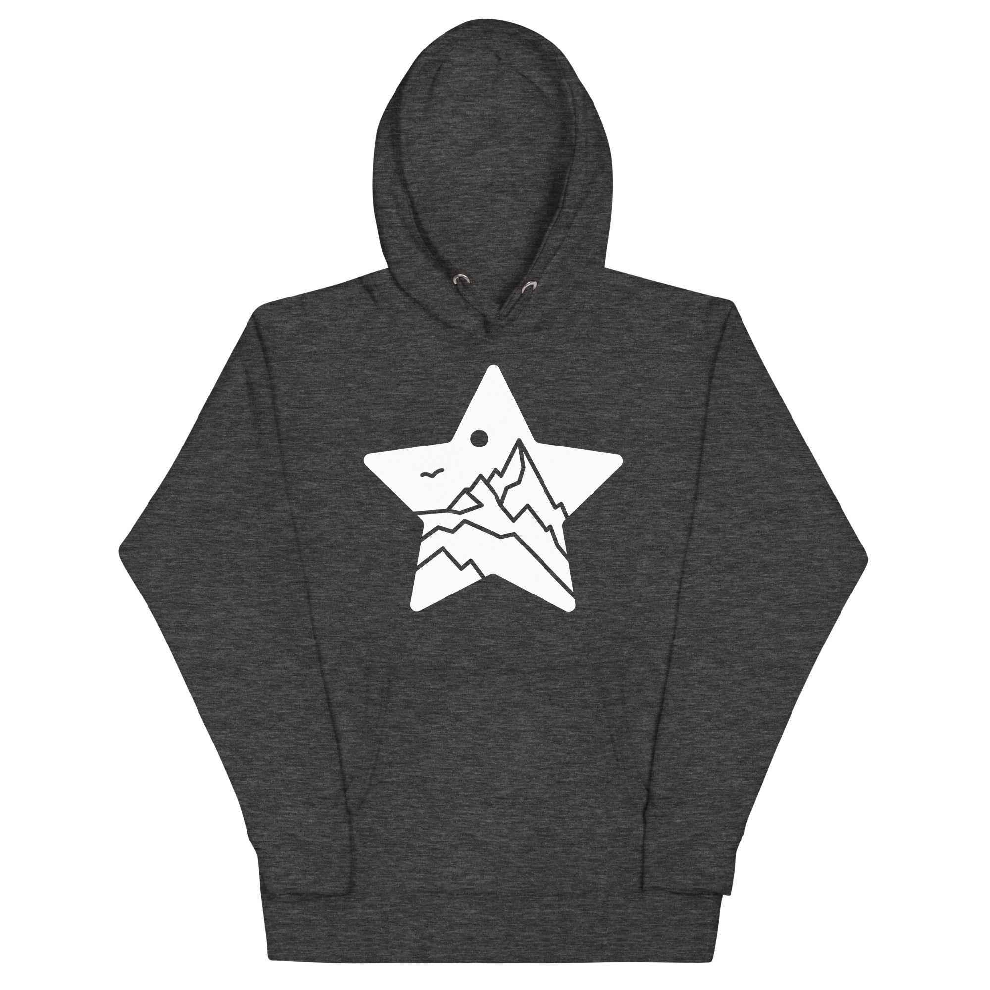 Charcoal heather unisex hoodie with white MountainStarGalaxy star and mountain graphic
