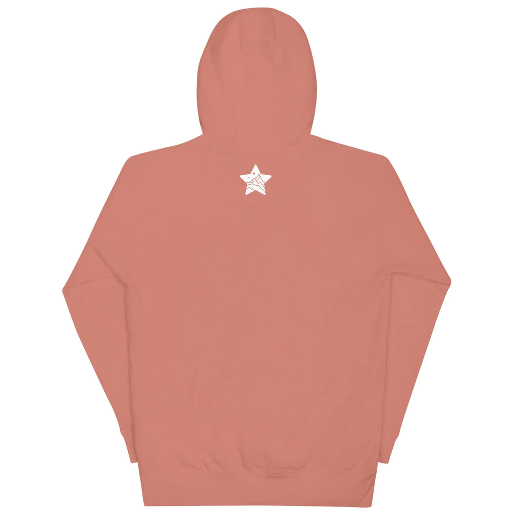 MountainStarGalaxy dusty rose unisex hoodie, back view with small white star logo on the neck