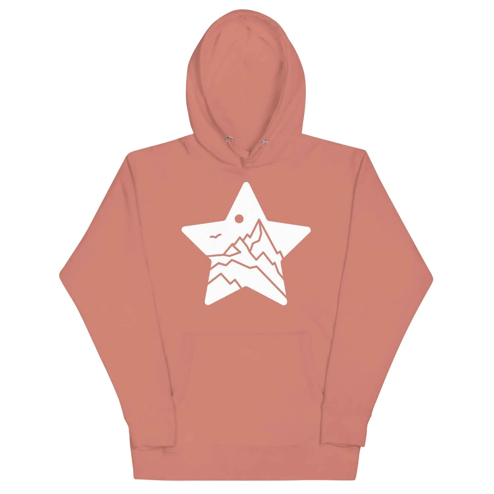 Dusty rose unisex hoodie with MountainStarGalaxy white star and mountain graphic on front
