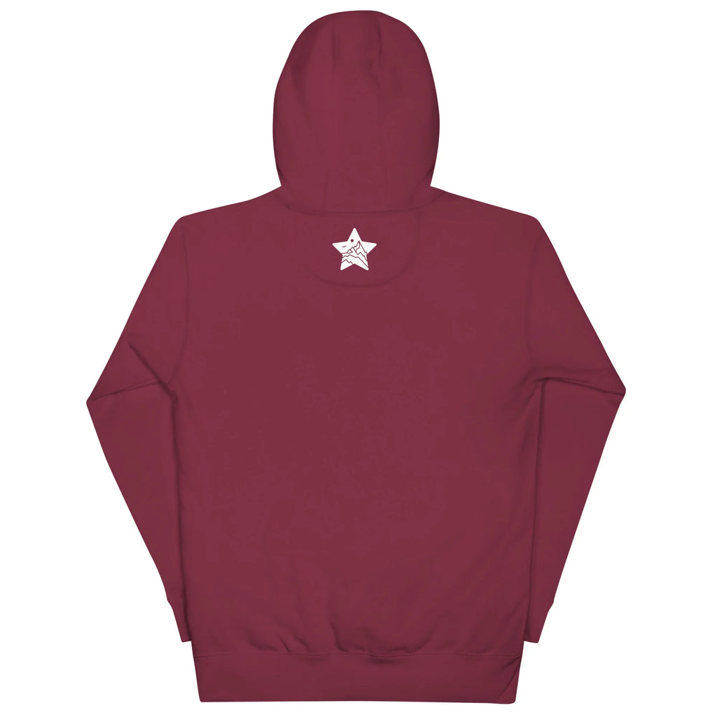 Maroon MountainStarGalaxy unisex pullover hoodie back view with white star logo on hood