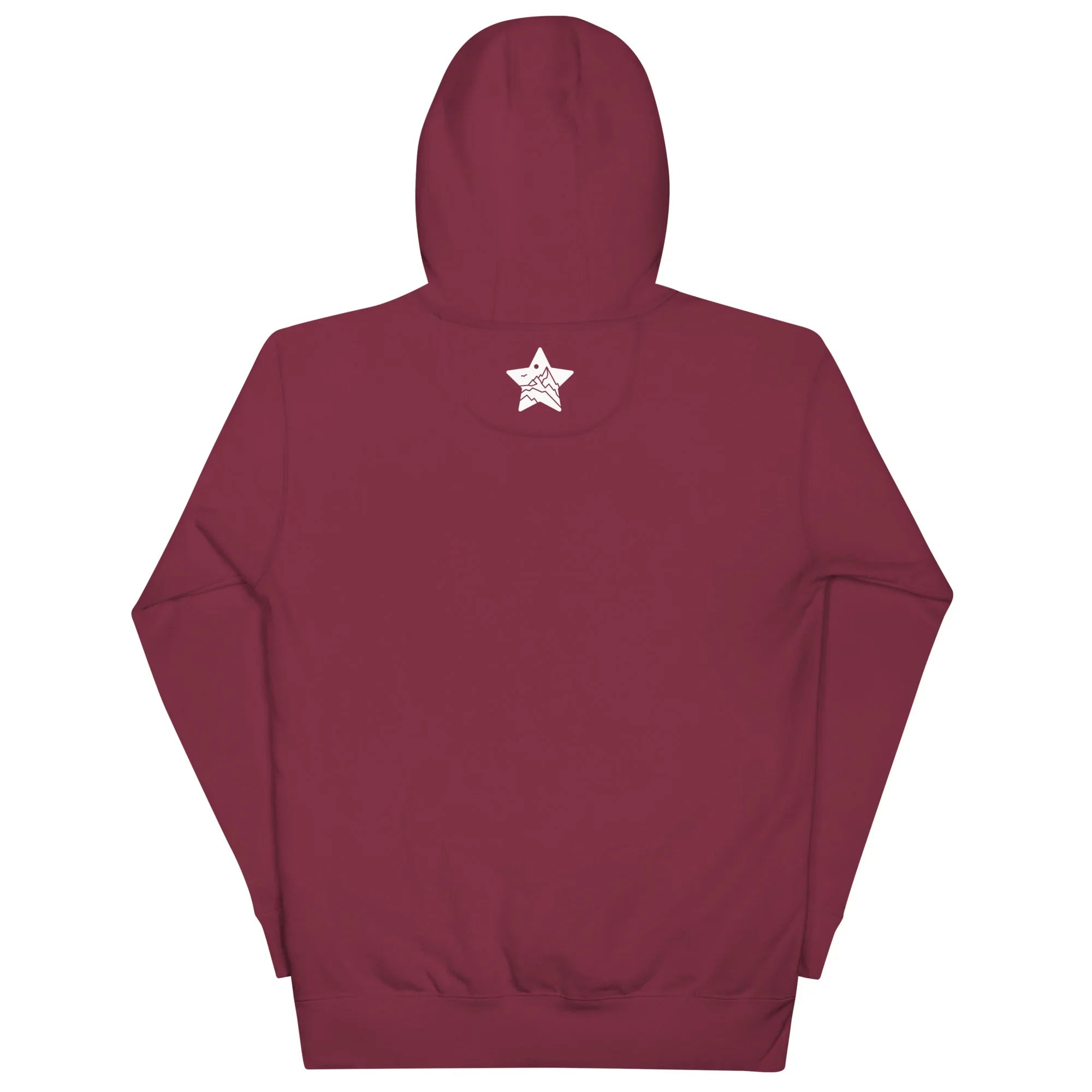 Maroon MountainStarGalaxy unisex pullover hoodie back view with white star logo on hood
