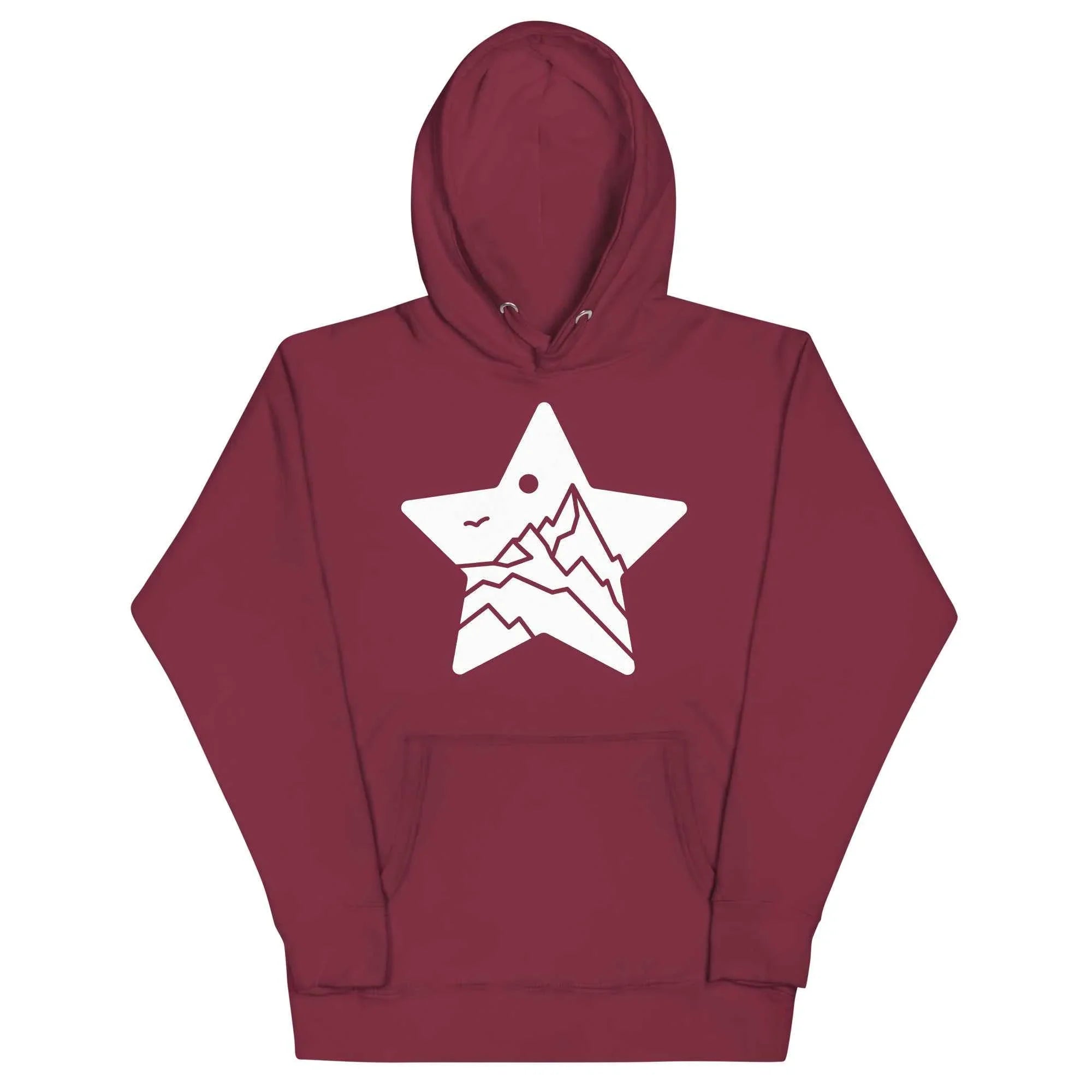 Maroon MountainStarGalaxy unisex hoodie with white star and mountain graphic