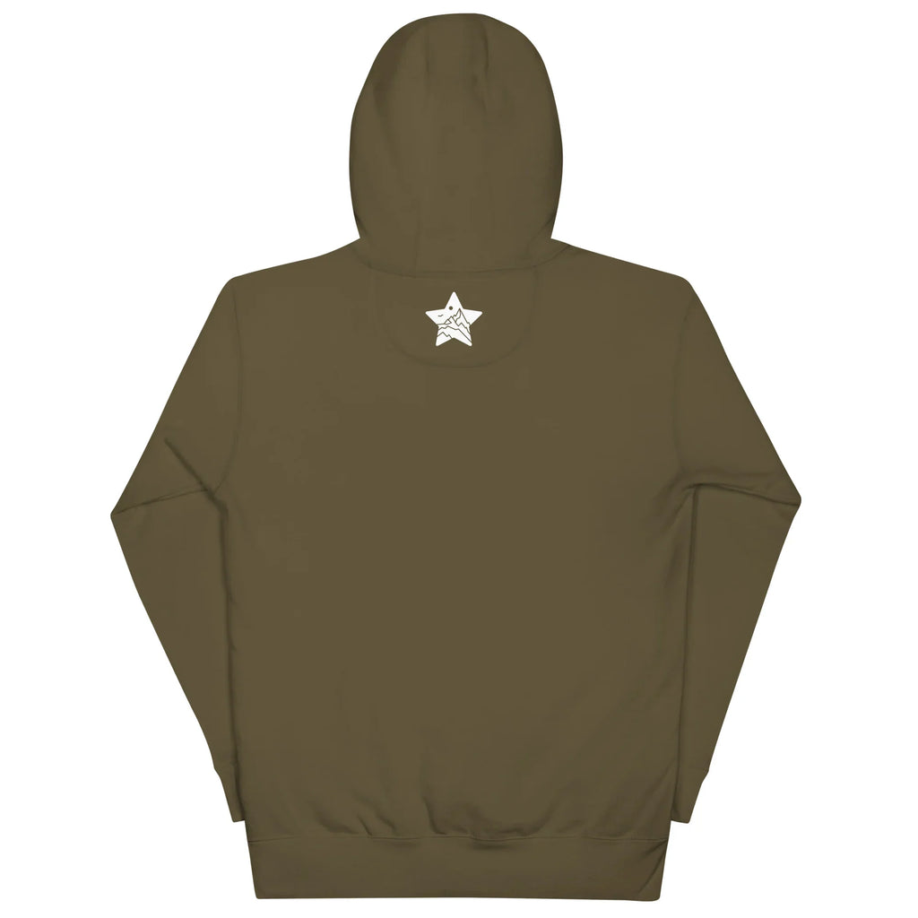 Military green unisex pullover hoodie with MountainStarGalaxy white star logo on back