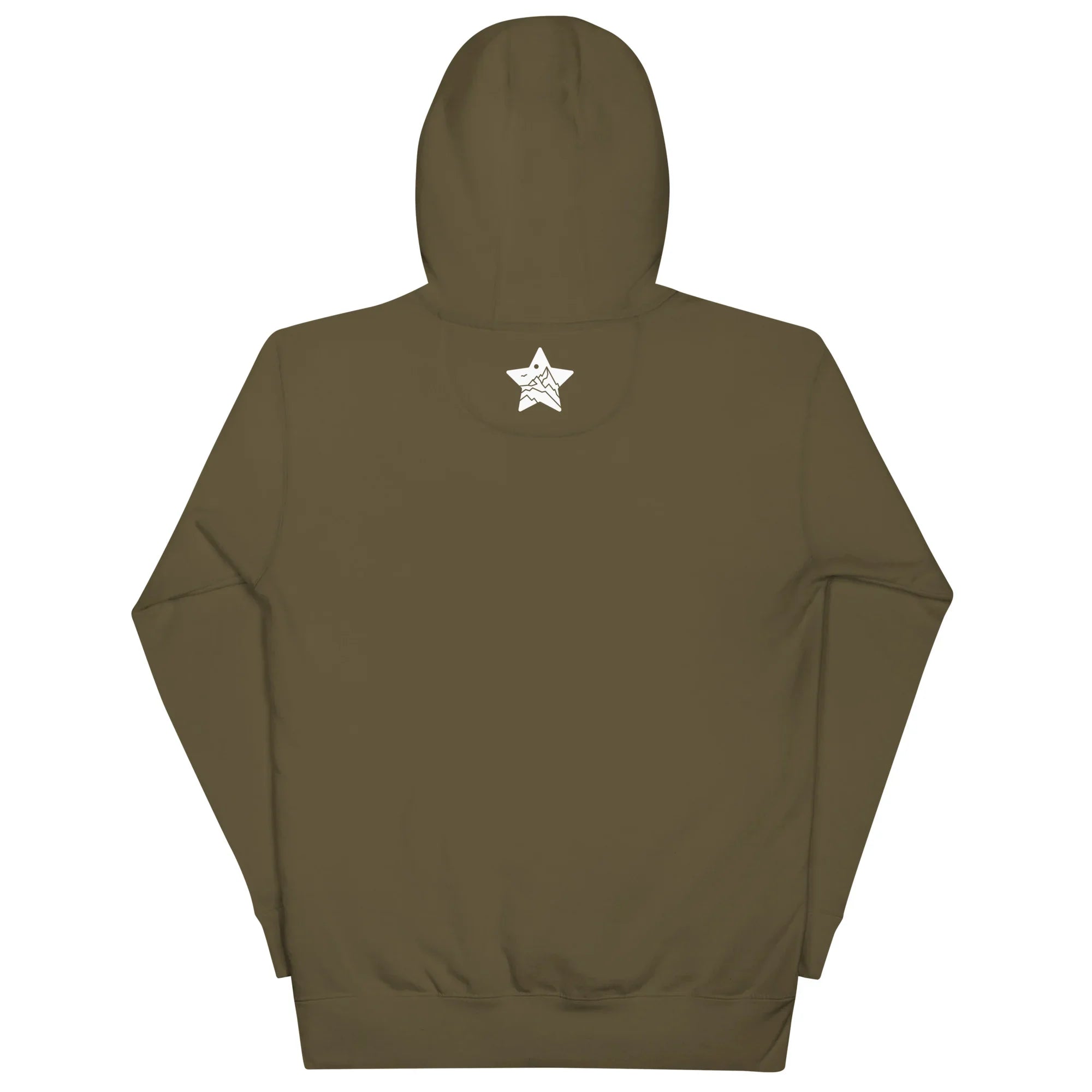Military green unisex pullover hoodie with MountainStarGalaxy white star logo on back