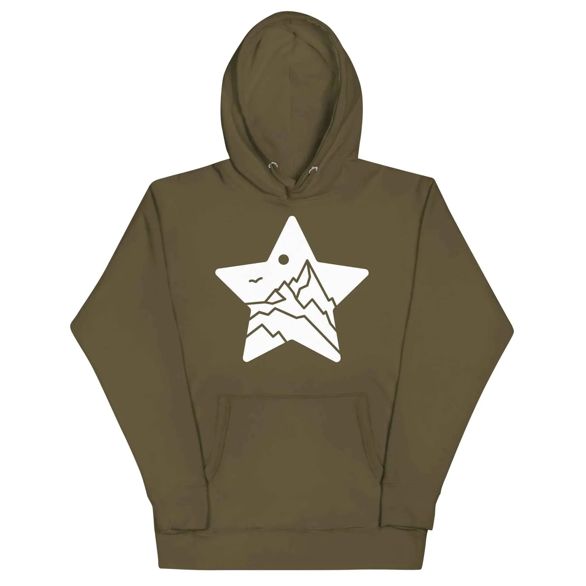 Military green MountainStarGalaxy hoodie with white star, mountain, and sky graphic on front