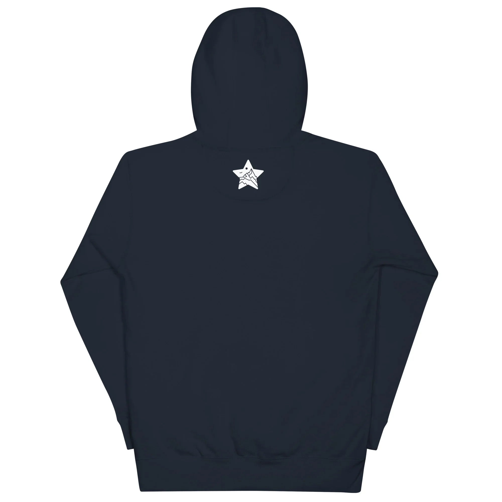 Navy blue unisex pullover hoodie with MountainStarGalaxy white star logo on the back.