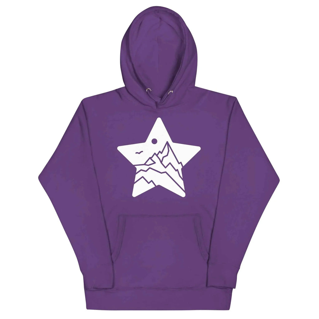 Purple unisex hoodie with MountainStarGalaxy star and mountain logo on front