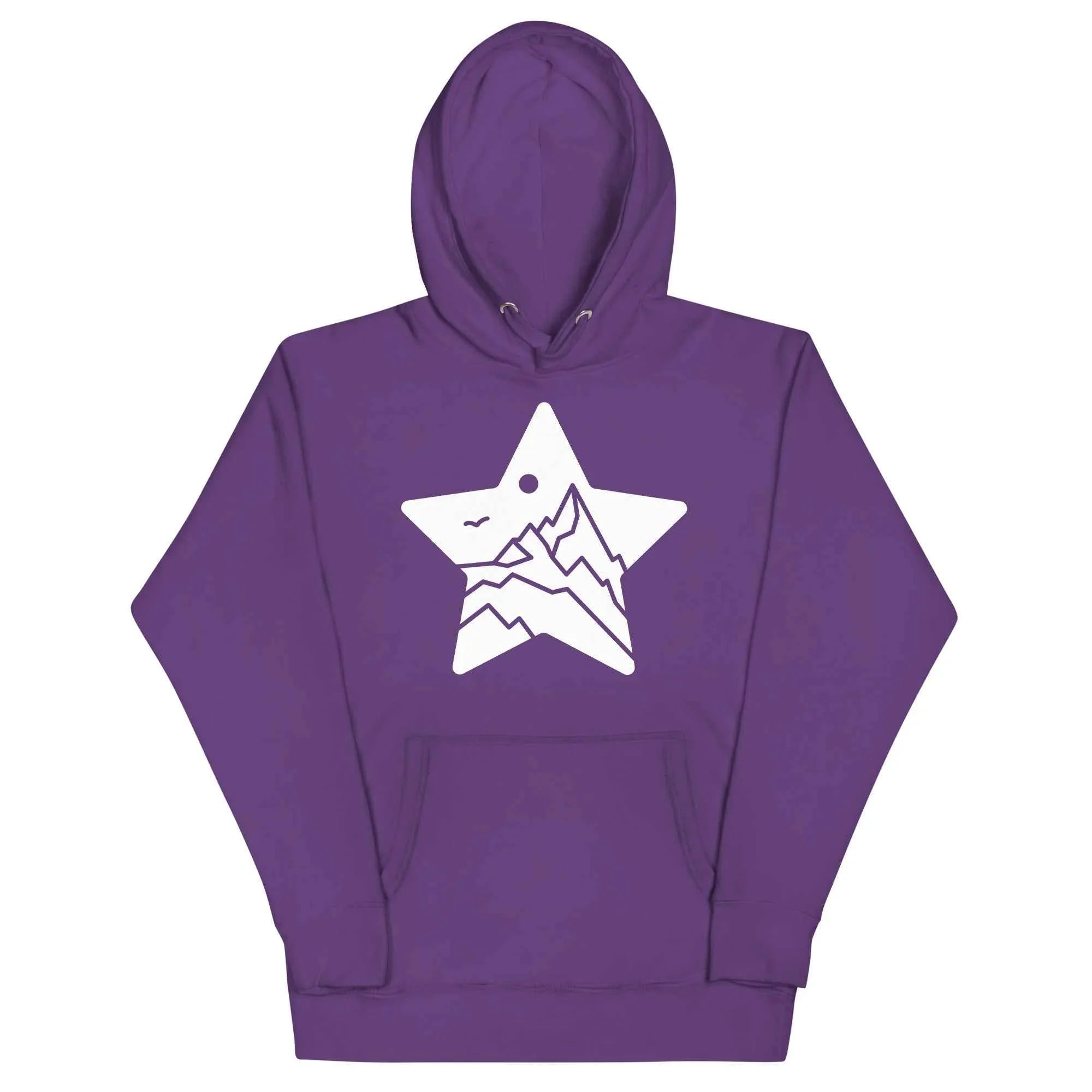 Purple unisex hoodie with MountainStarGalaxy star and mountain logo on front