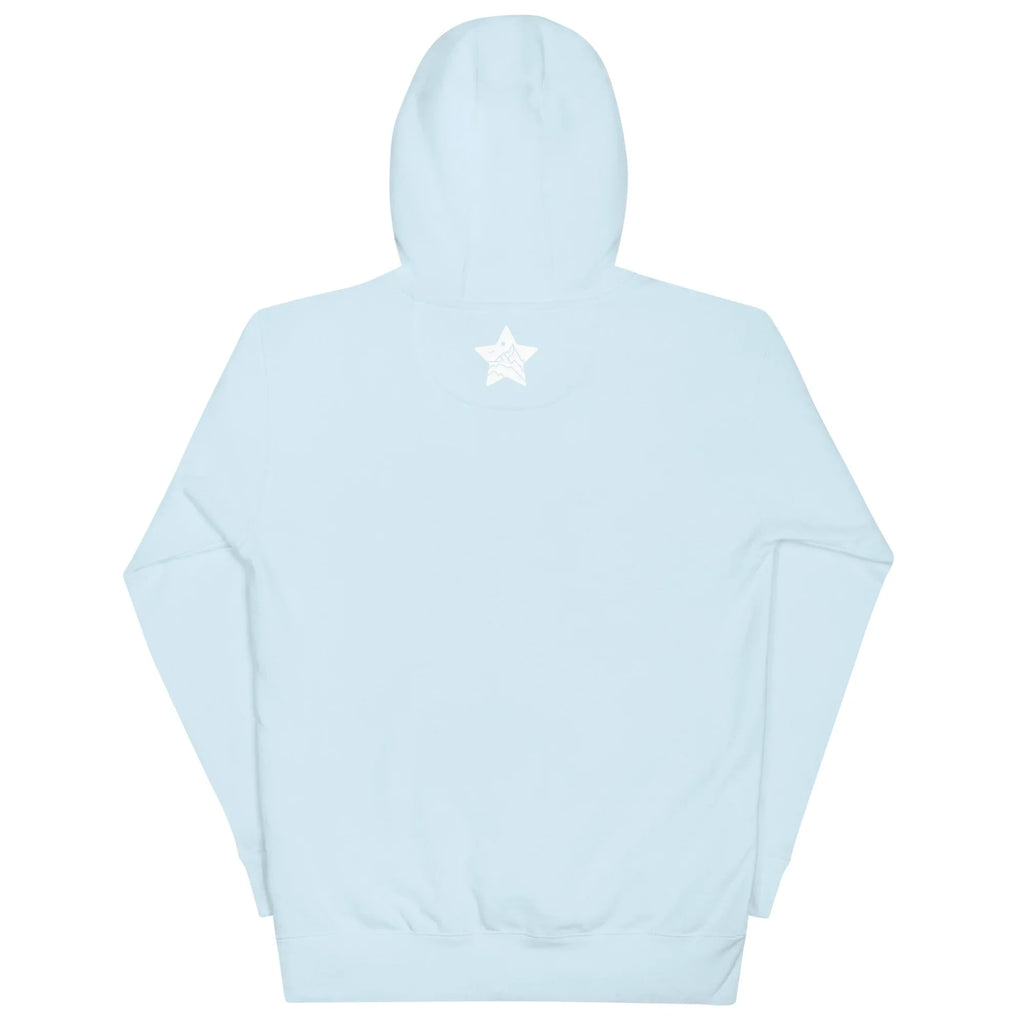 Sky blue unisex pullover hoodie with MountainStarGalaxy star logo on the upper back