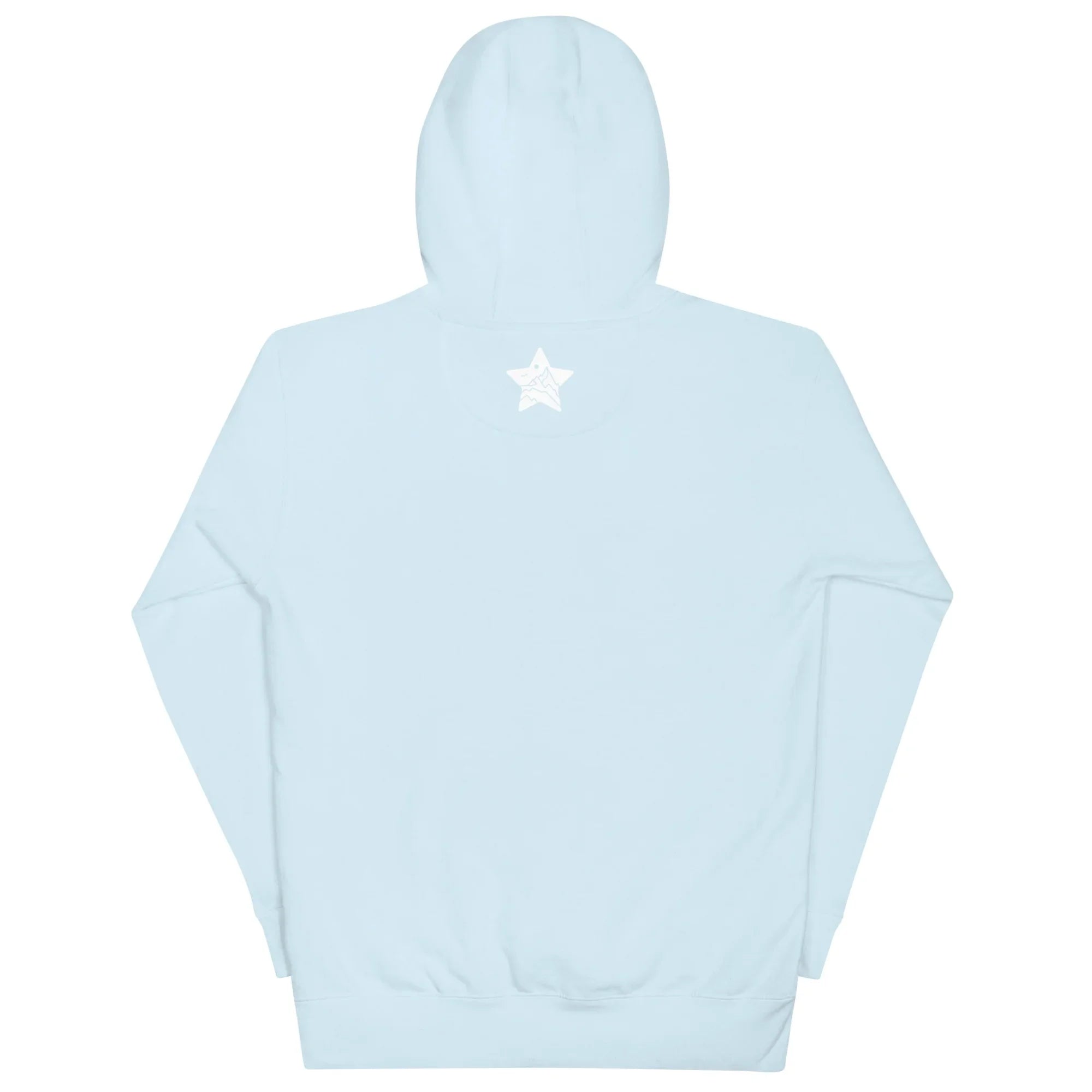 Sky blue unisex pullover hoodie with MountainStarGalaxy star logo on the upper back