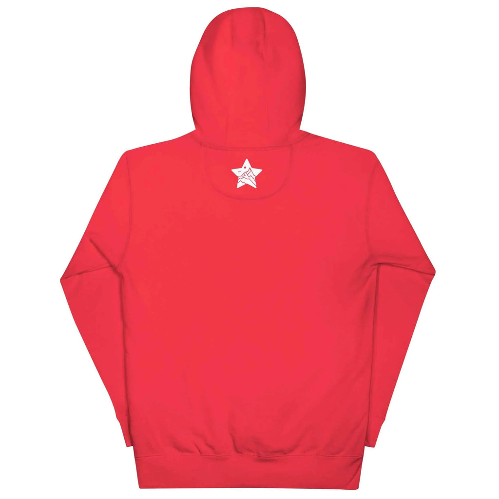 Team red unisex pullover hoodie with white MountainStarGalaxy star logo on back hood