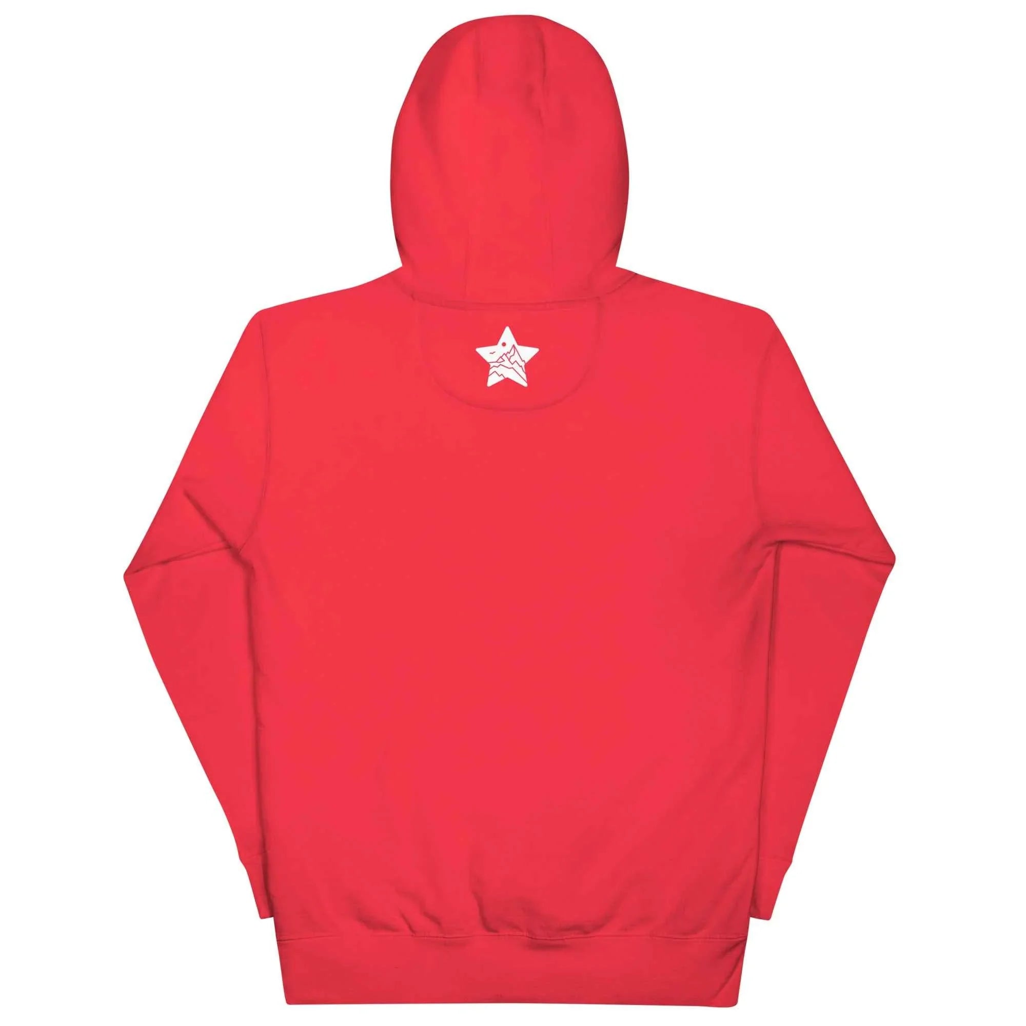 Team red unisex pullover hoodie with white MountainStarGalaxy star logo on back hood
