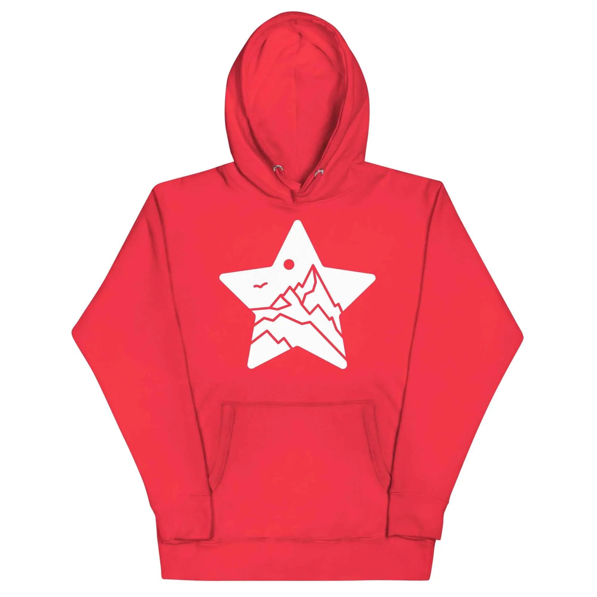 Team red unisex pullover hoodie with white MountainStarGalaxy star and mountain graphic on front