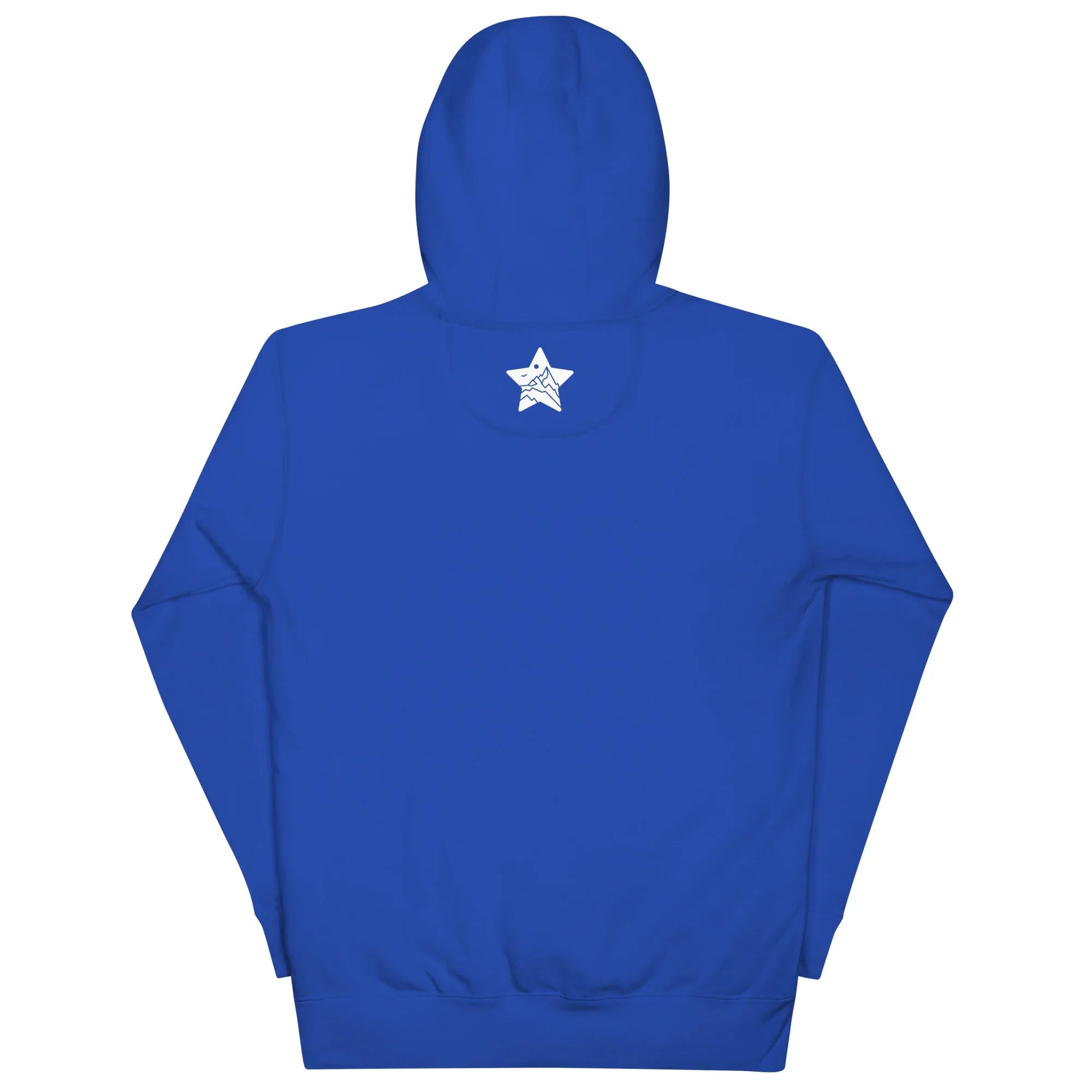 Team royal blue unisex pullover hoodie with MountainStarGalaxy star logo on back hood
