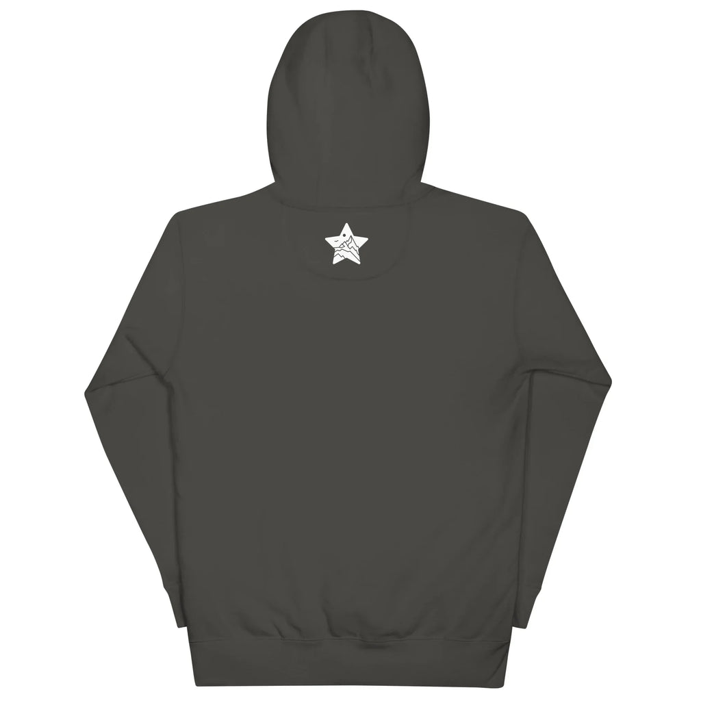 Vintage black unisex pullover hoodie with MountainStarGalaxy star logo on back