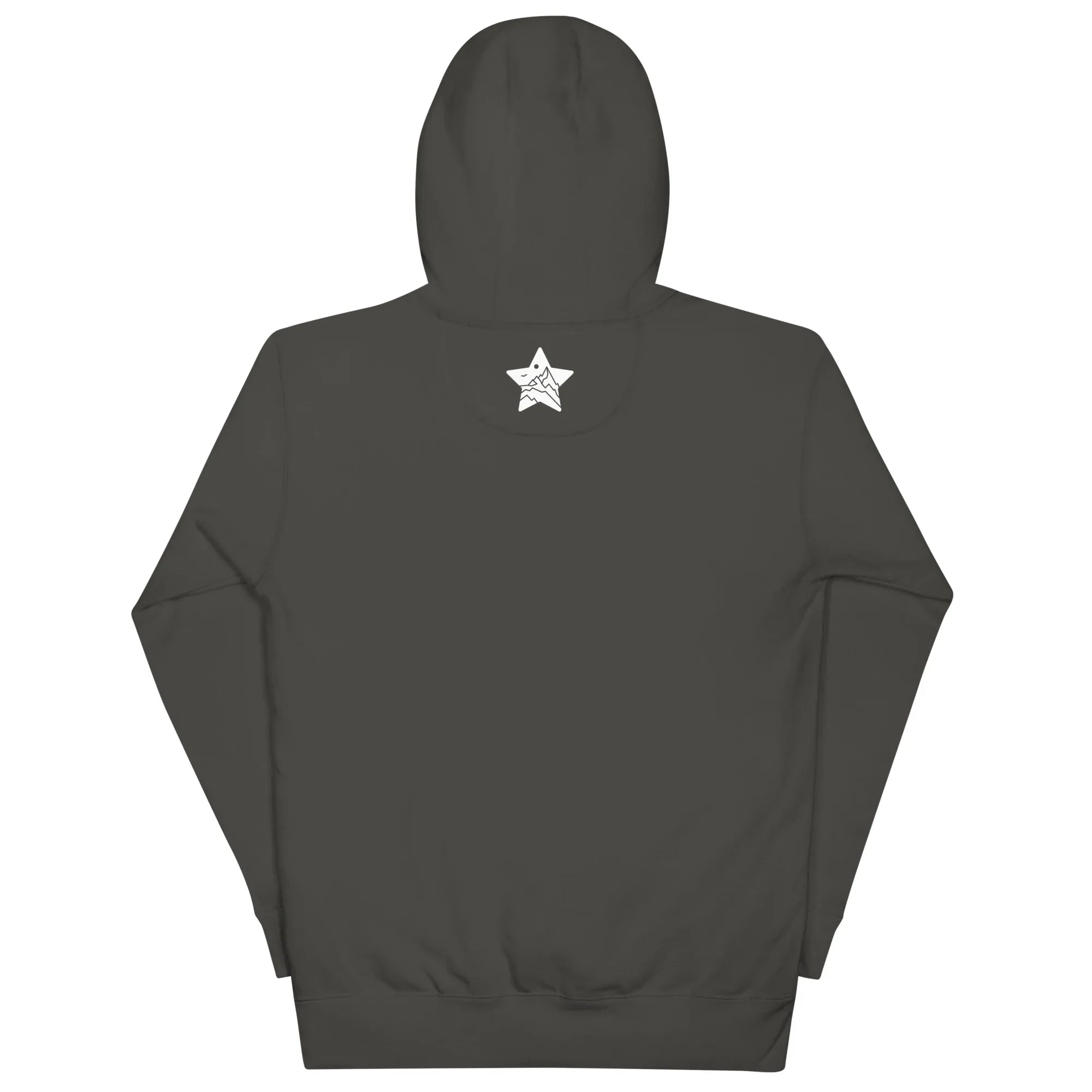 Vintage black unisex pullover hoodie with MountainStarGalaxy star logo on back