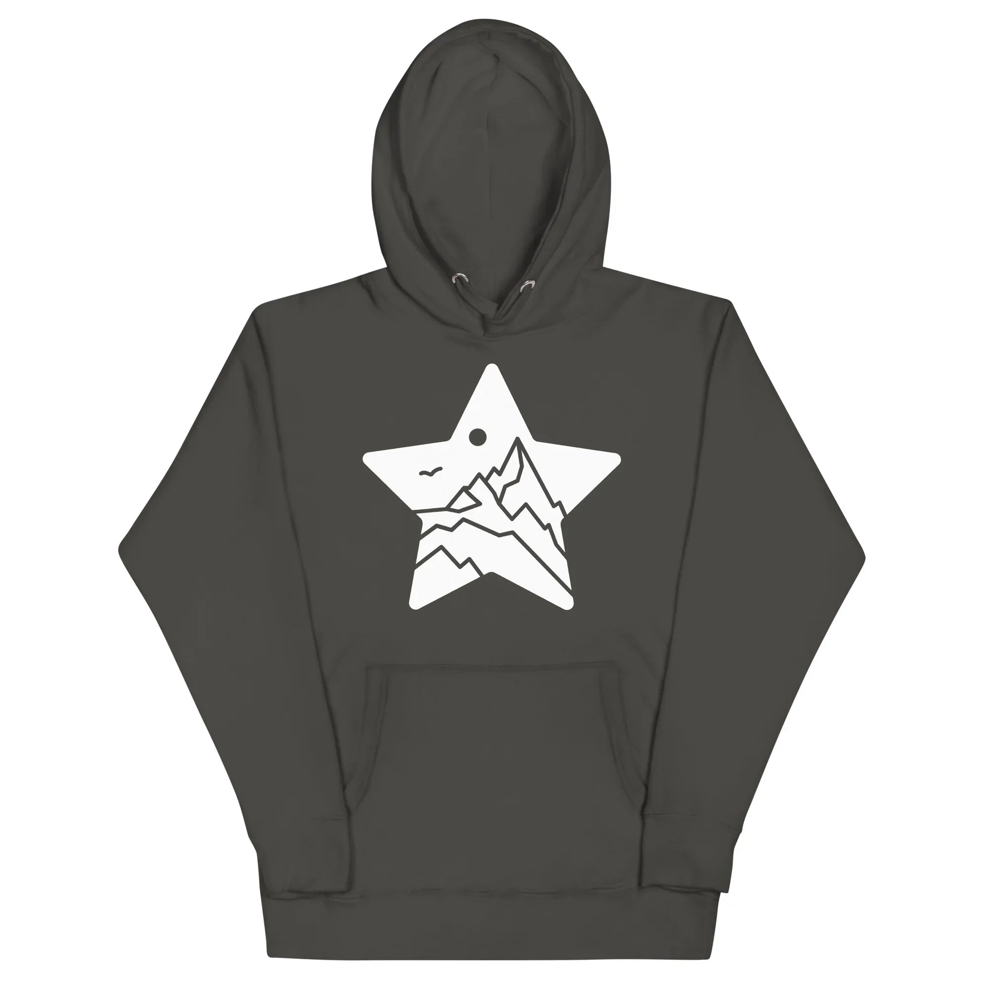 Vintage black unisex hoodie with white MountainStarGalaxy mountain star logo front view