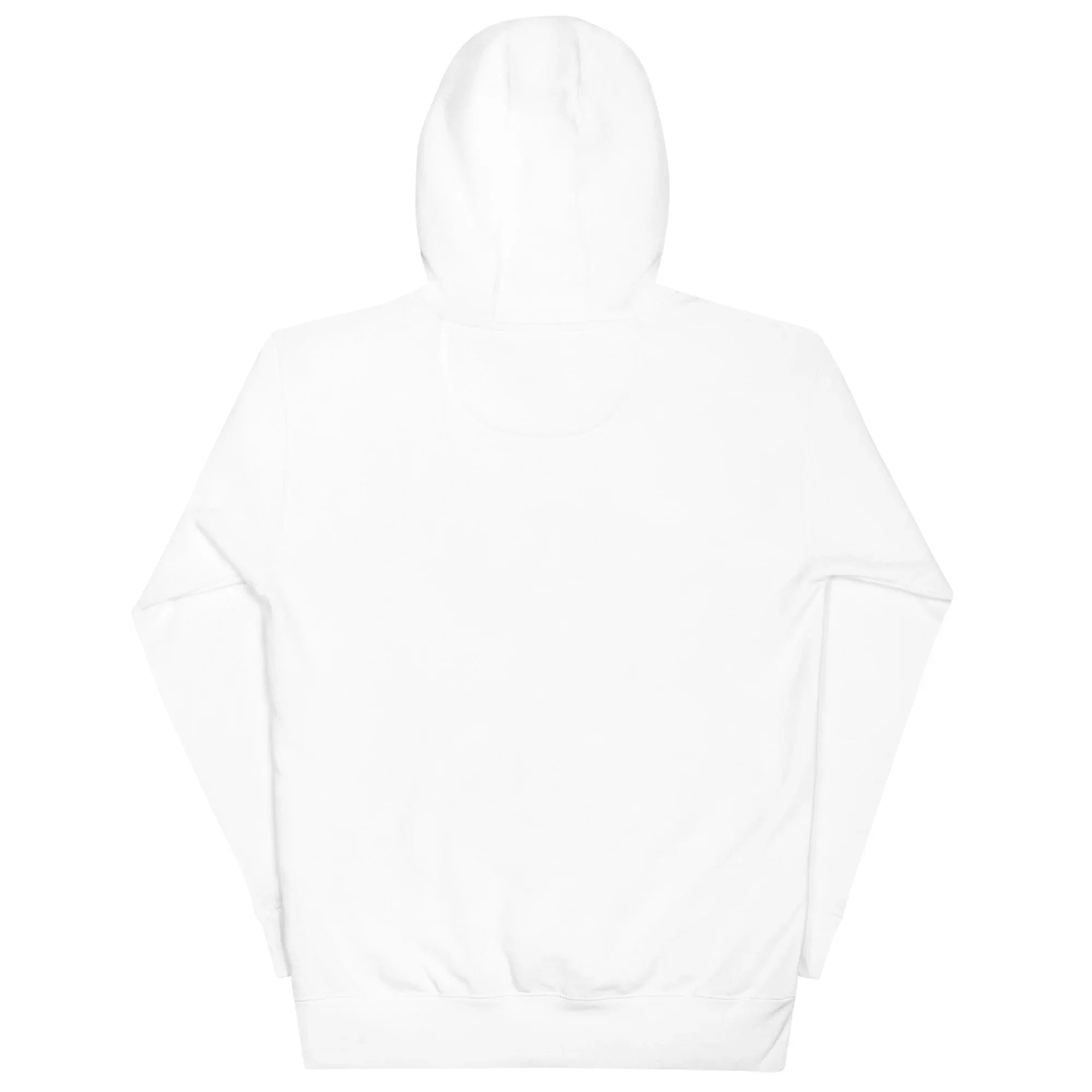 Back view of MountainStarGalaxy unisex white premium pullover hoodie on white background