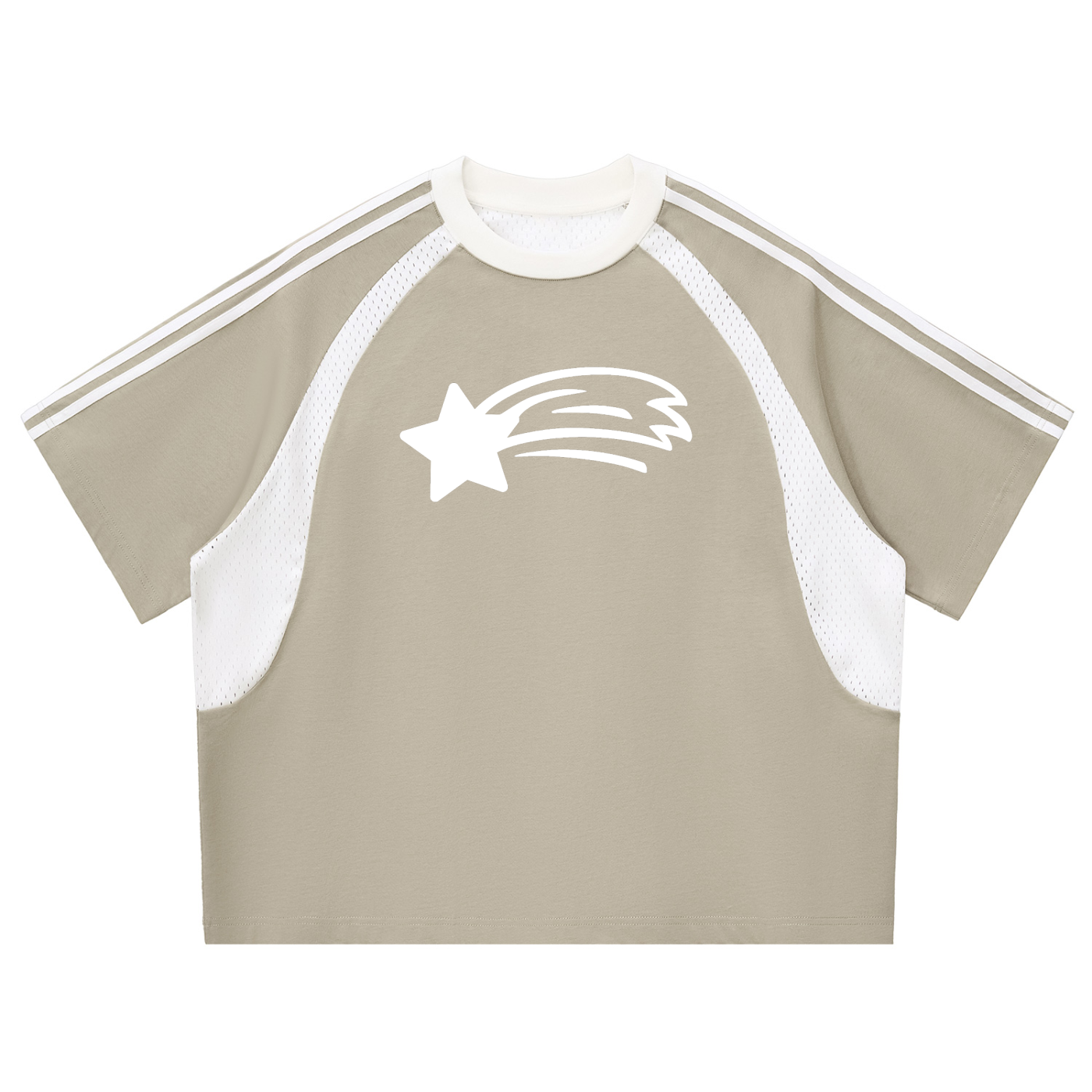 MountainStarGalaxy Contrast Stripes Panel Mesh T-shirt Gray Green with White